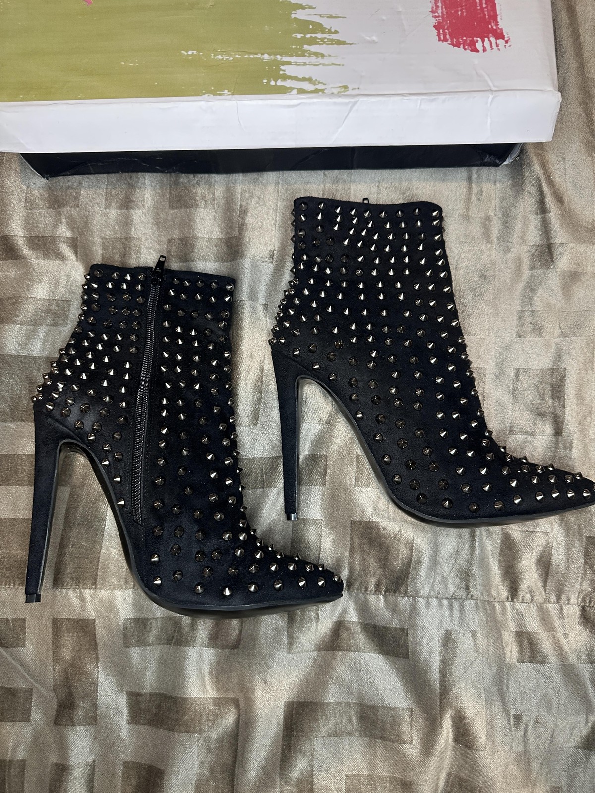 FSJ Boots Womens Size 11 Black Studded Spike High Heel Ankle Booties Shoes NIB