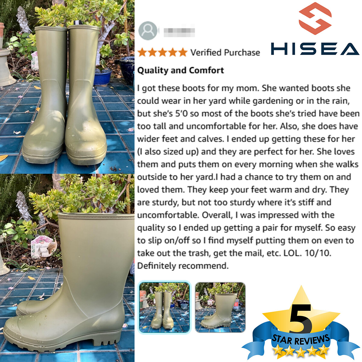 HISEA Women Wide Calf Rain Boots Mid-Calf Garden Farm Work Matte Wellington Boot