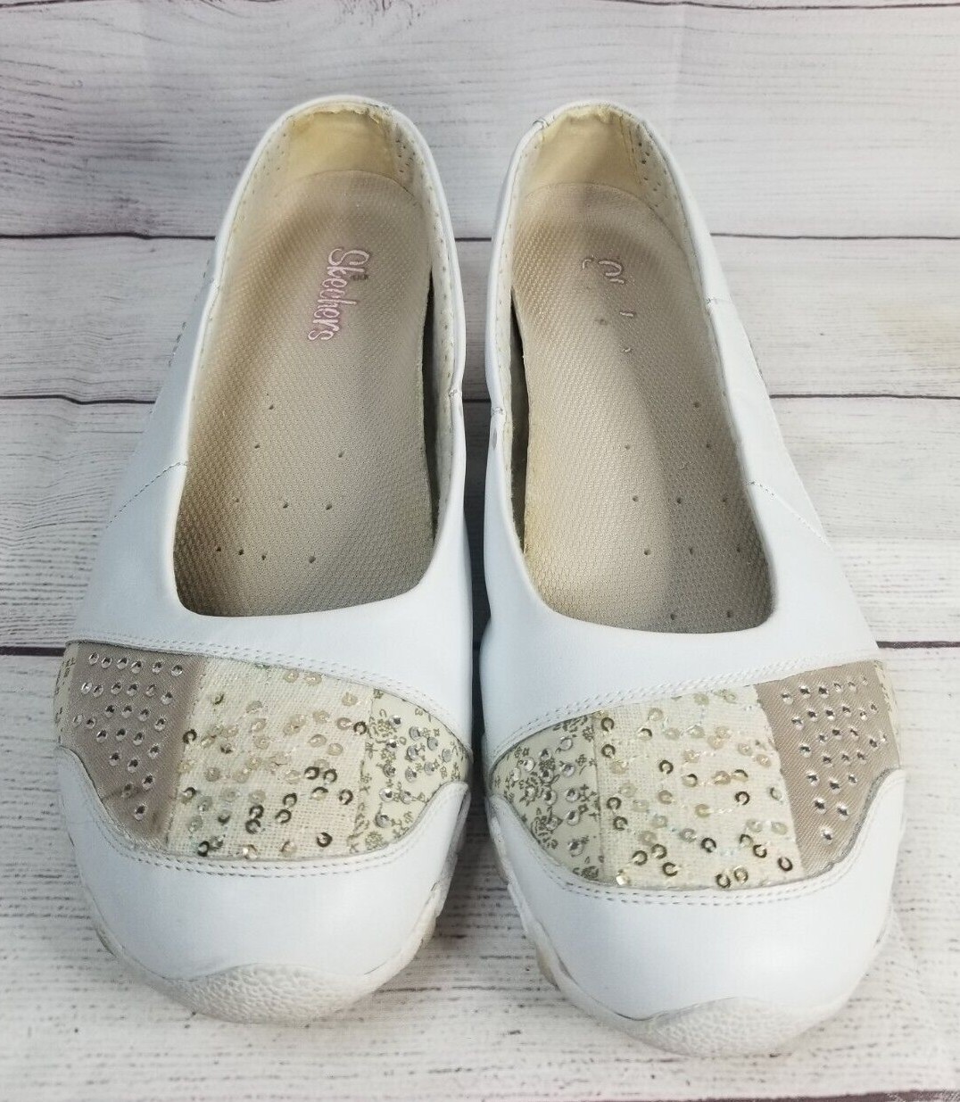 Skechers Womens 10 Floral Patchwork White Leather Textile Sequins Beige Floral