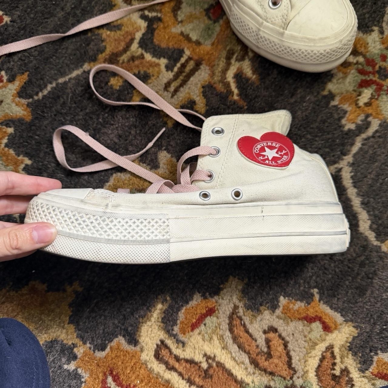 RED AND WHITE VALENTINES CONVERSE SNEAKERS WITH PINK LACES AND HEART PATCH