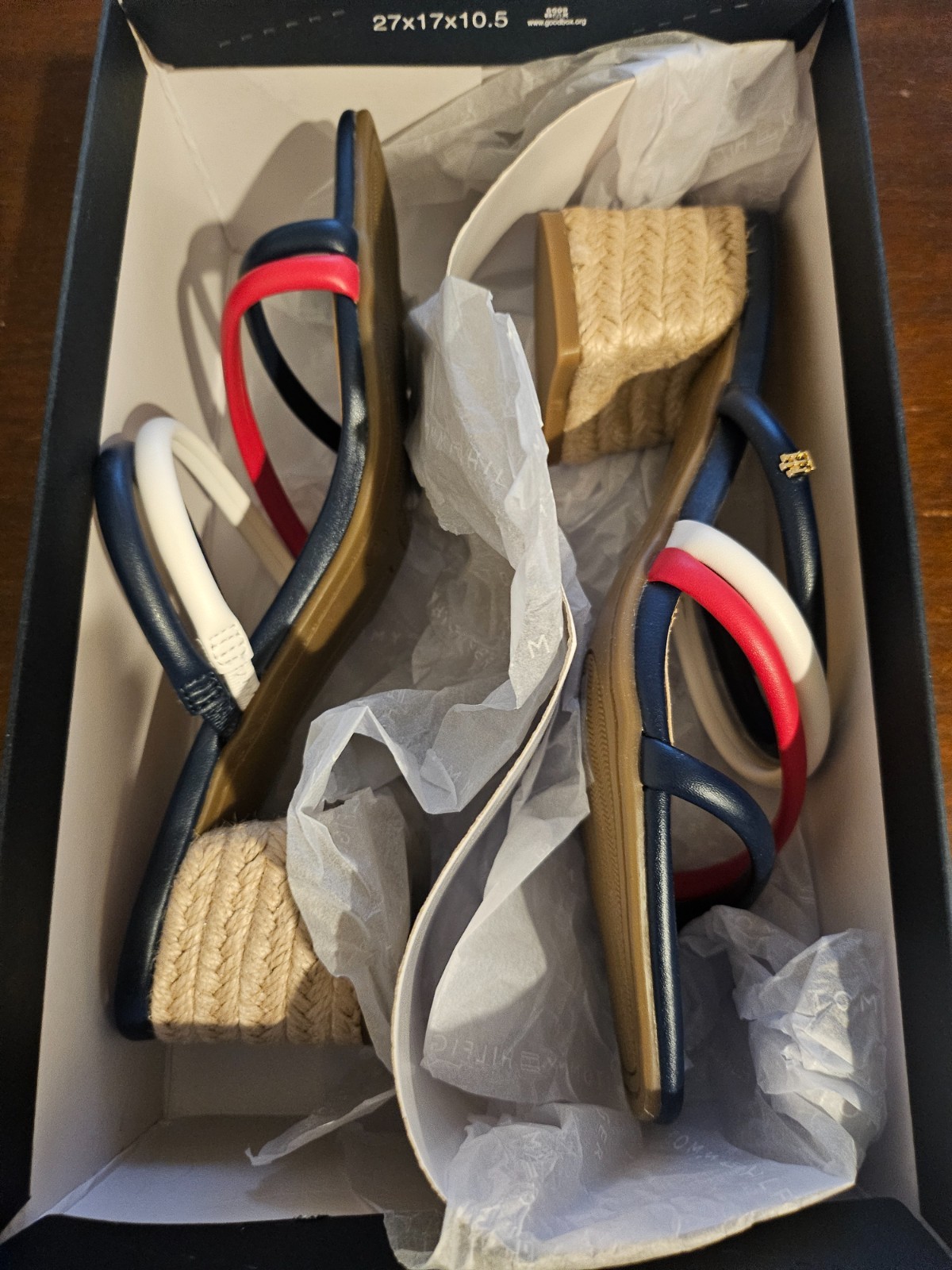 Tommy Hilfiger Cehmi Dark Blue Red White Woven Raffia Heel New in box 6 M