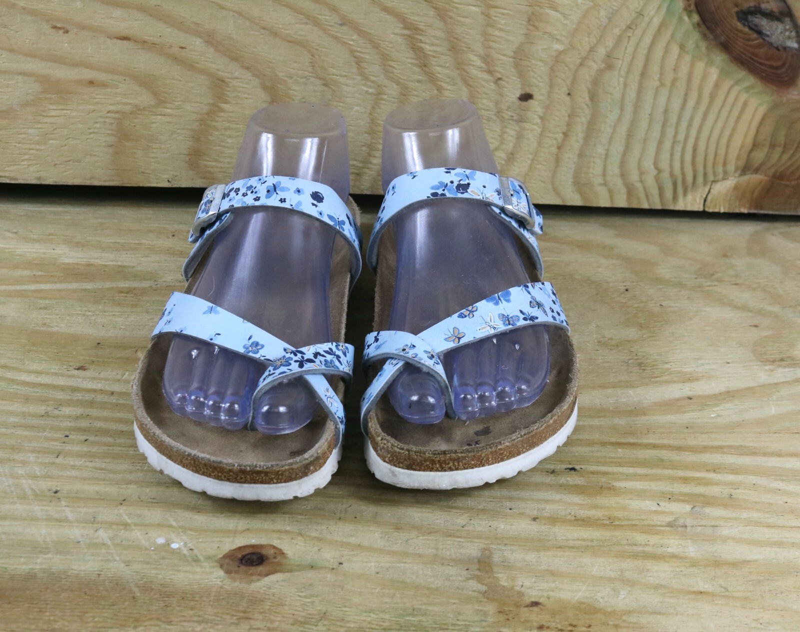 Birkenstock Papillio Sandals Womens L7 Blue Floral Leather Tabora Slides