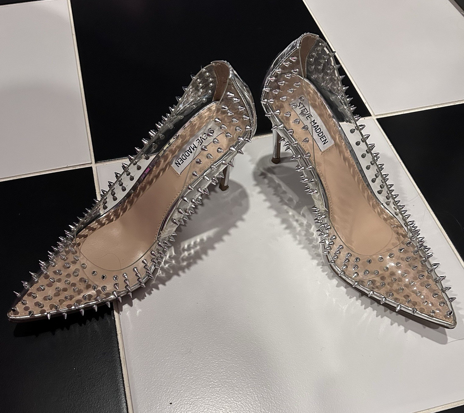Steve Madden Women’s 8 Clear / Silver Studded Spike Punk Pumps Heels