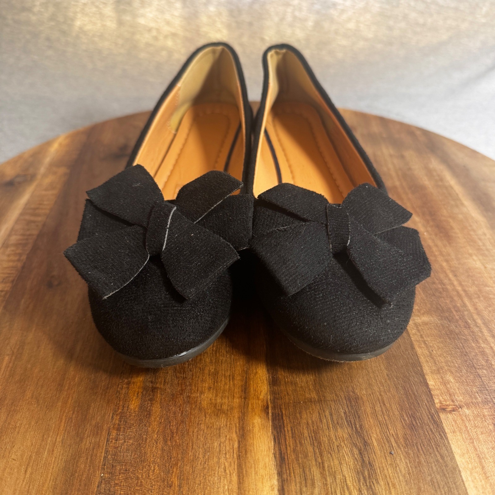 Black Bow Wedge Pumps Round Toe Low Heel Faux Suede Dress Shoes Size 40