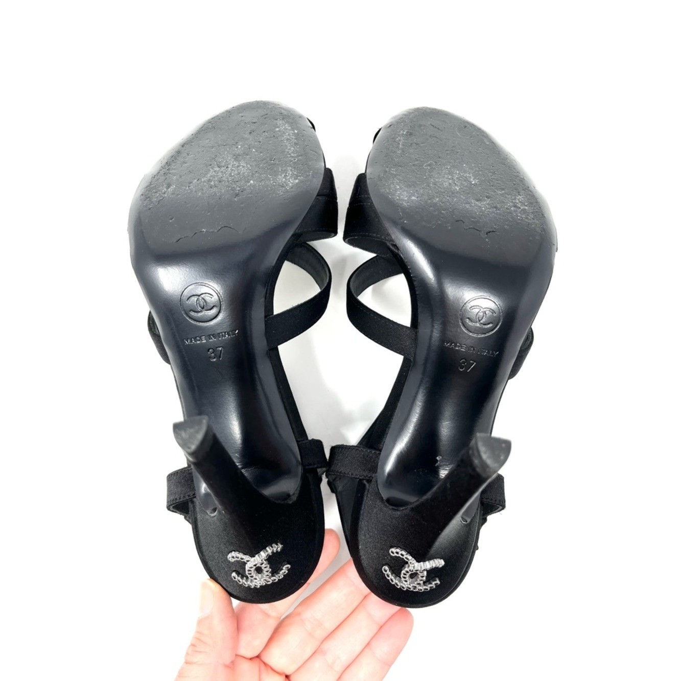 Chanel Strappy Black Satin Silver Crystal CC Logo High Heels Sandals Shoes 37 7