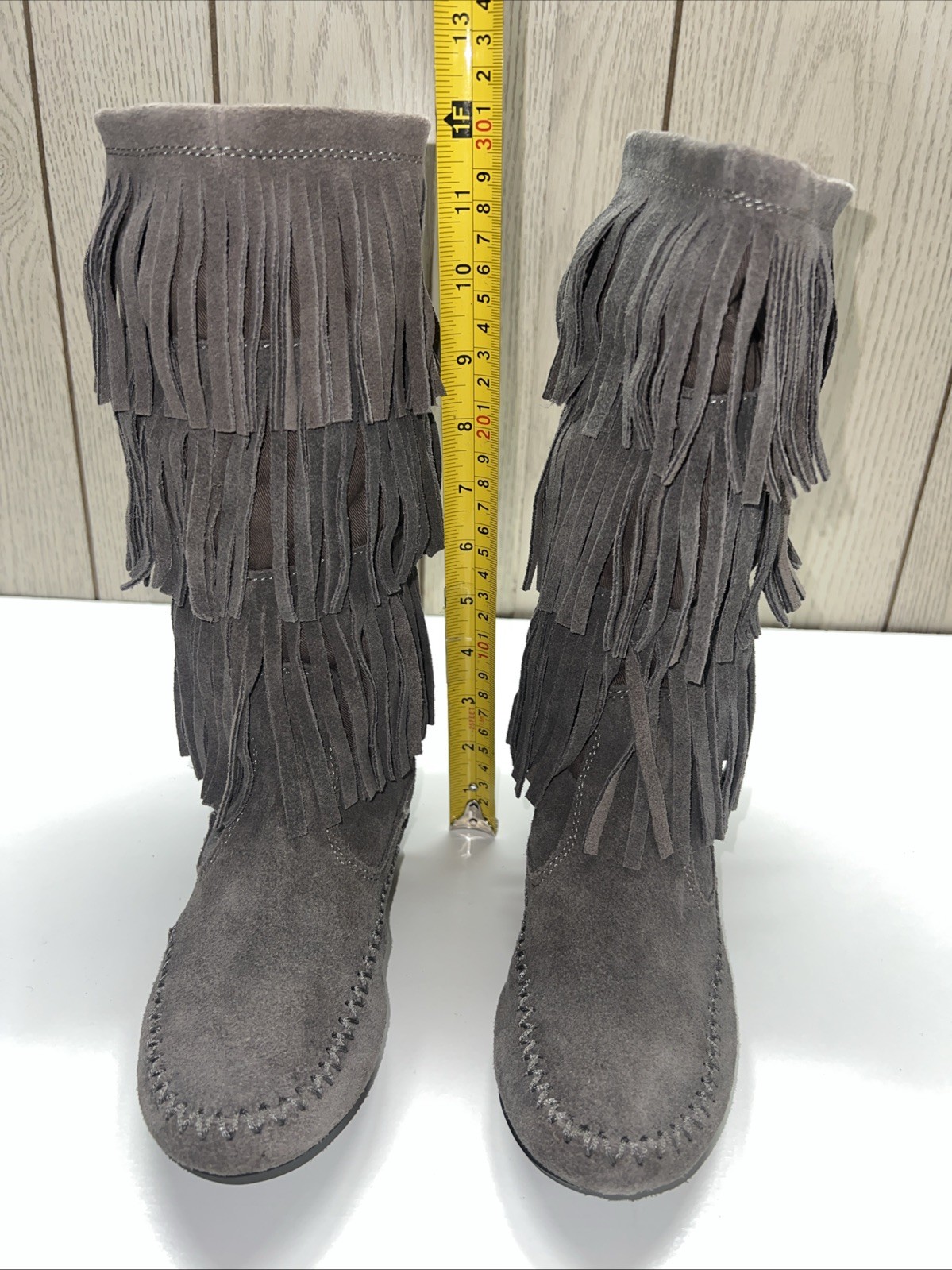 LC Lauren Conrad Thia 3-Tier Fringe Slip On Flat Festival BoHo Moccasin Boot 6 M