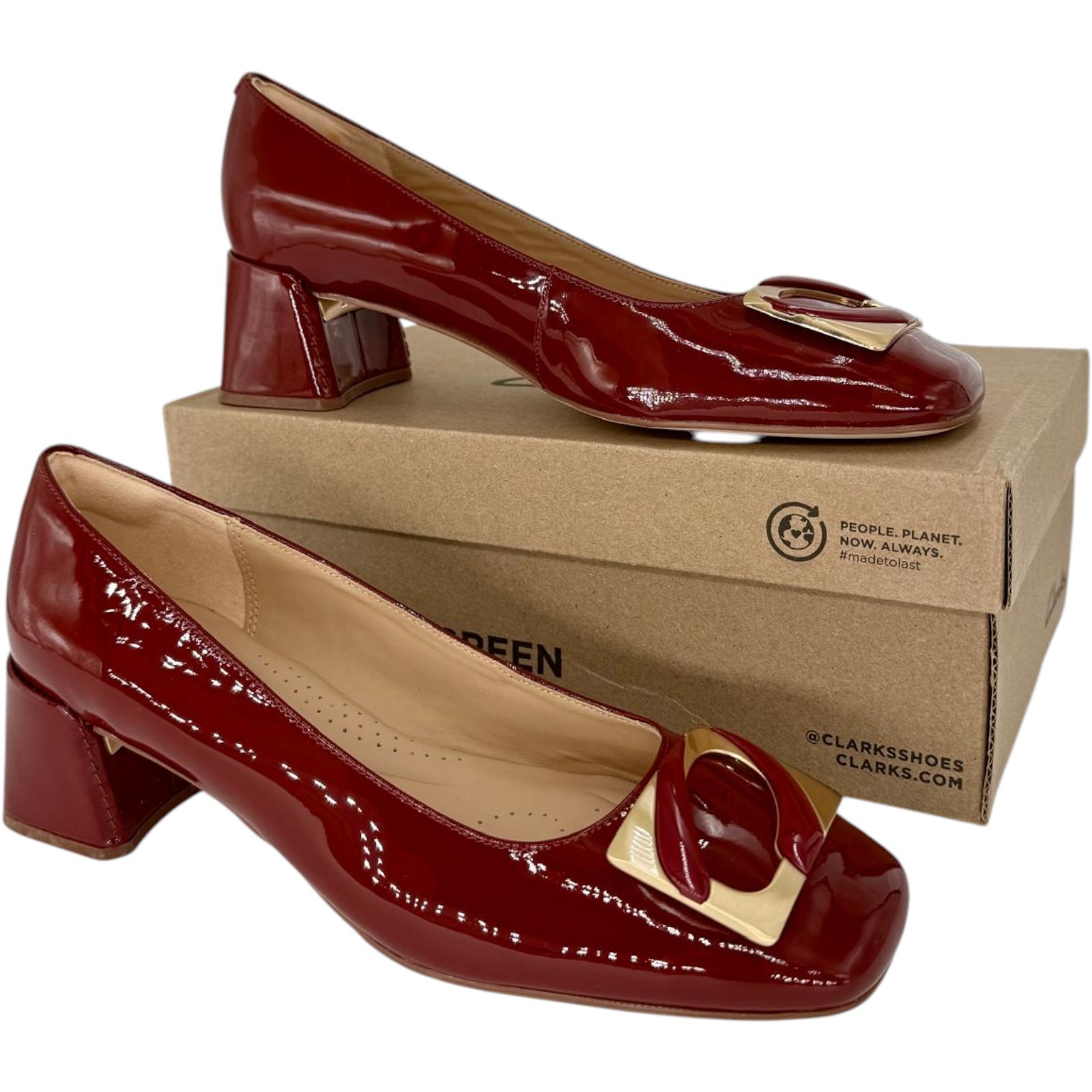 CLARKS Nyta45 Jazz Chestnut Red Shoes Pumps Gold Buckle Women Size 7, 8, 9 NEW