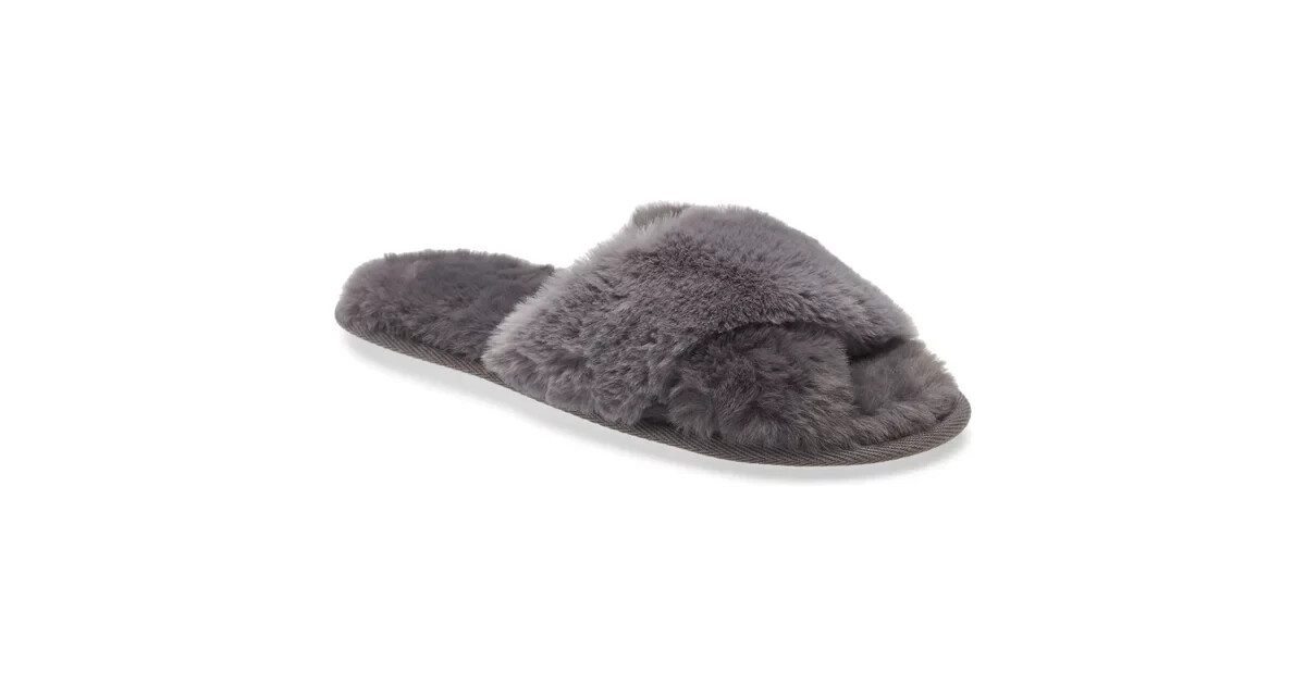 NORDSTROM Grey Fluffy Snuggle Cozy Plush Faux Fur Crisscross Slippers L = 9/10