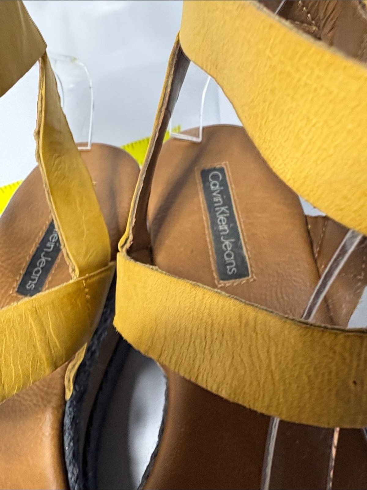 Calvin Klein Jeans Yellow Strappy Platform Wedge Sandals. Box 28