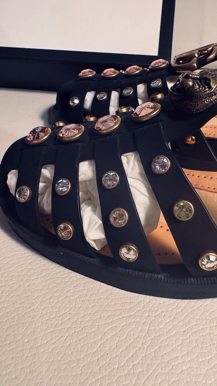 Gucci Marmont Crystals Bezel Cage Fisherman GG Feline Head Rubber Sandals 39 Bag