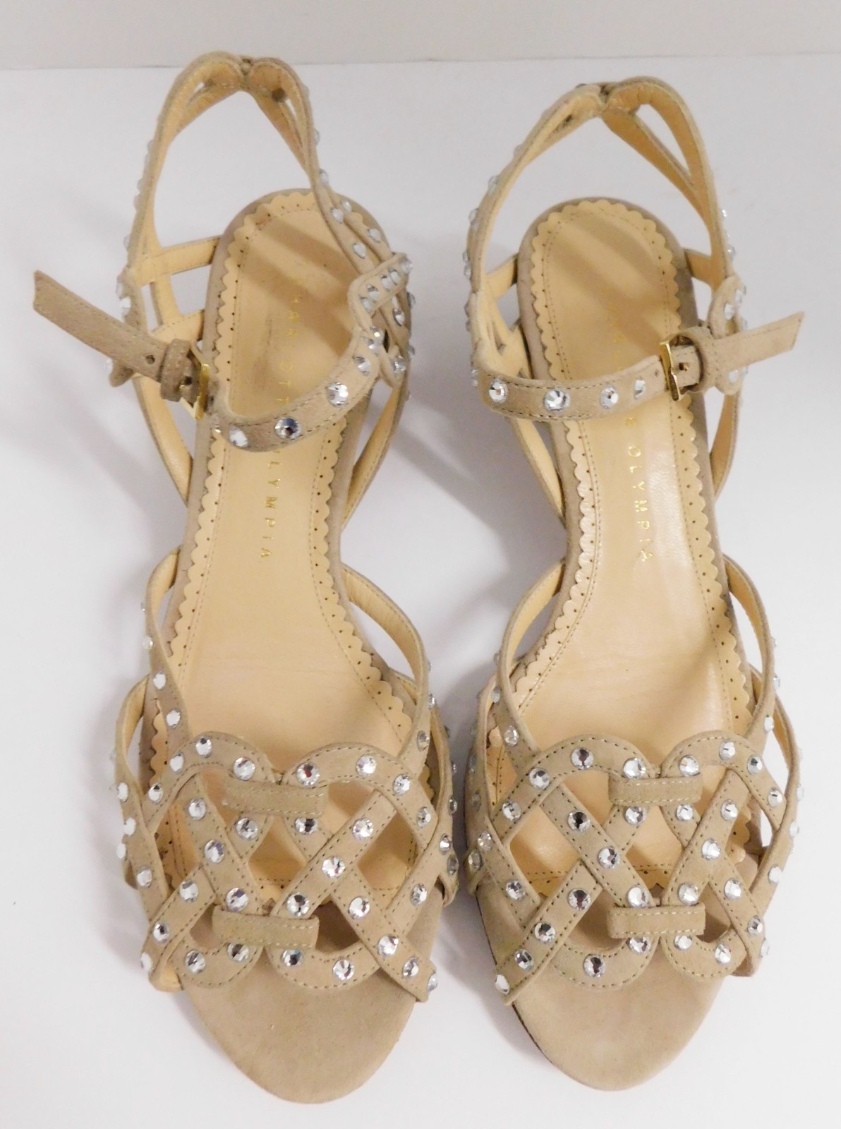 CHARLOTTE OLYMPIA Beige Suede Leather Crystal Jeweled Strappy Heels Sandals 36.5