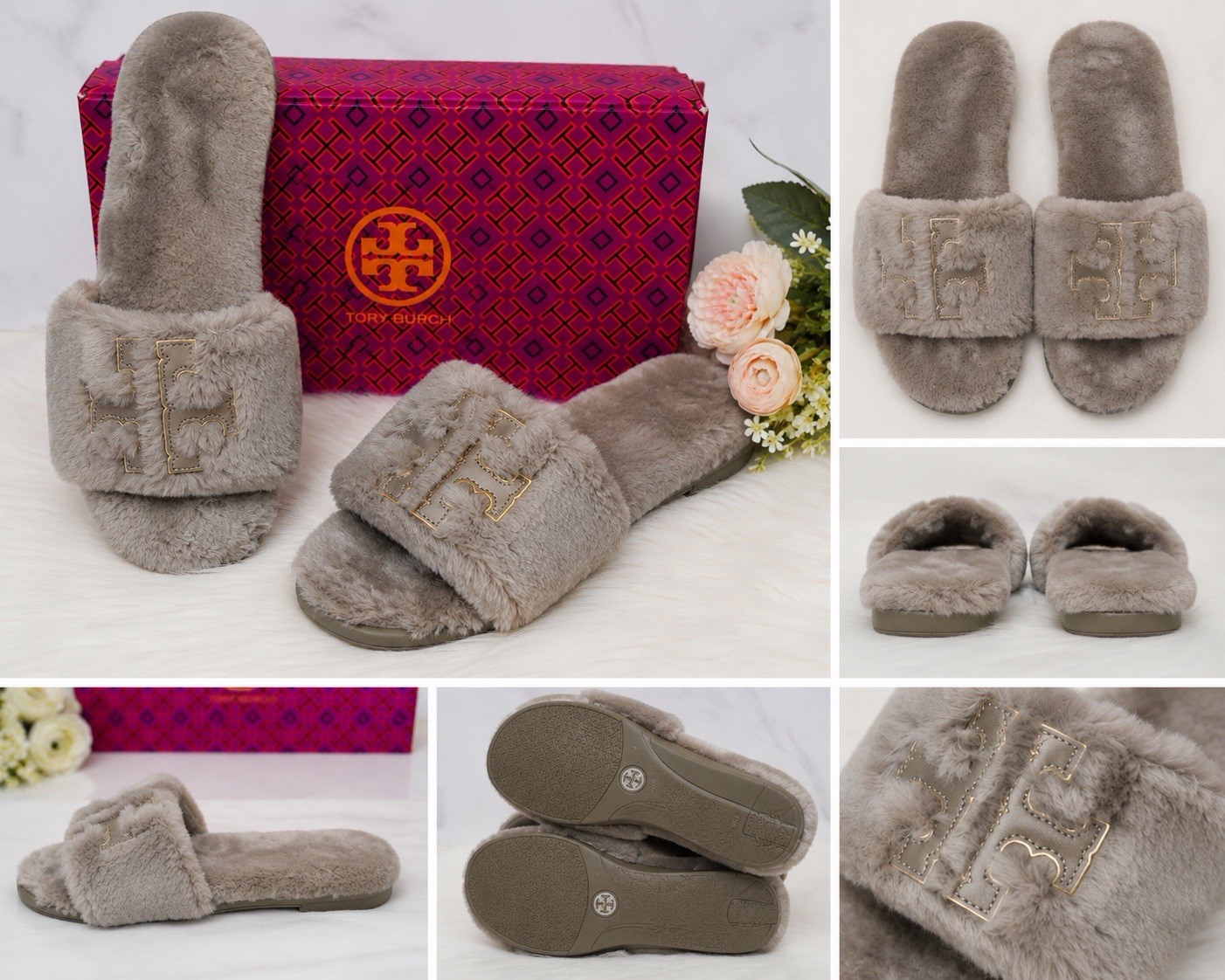 Tory Burch $238 Shearling Double T-Logo Sport Slides 9.5 Flat Shoes Sandals Pink