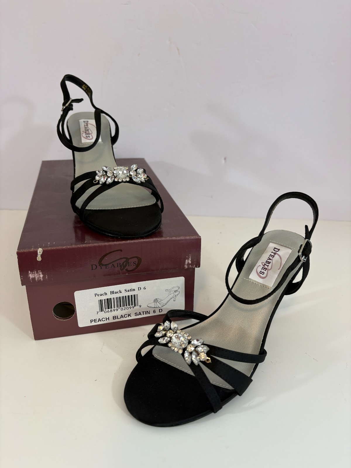 Dyeables Peach Black Satin Heels Rhinestones Strappy Size 6