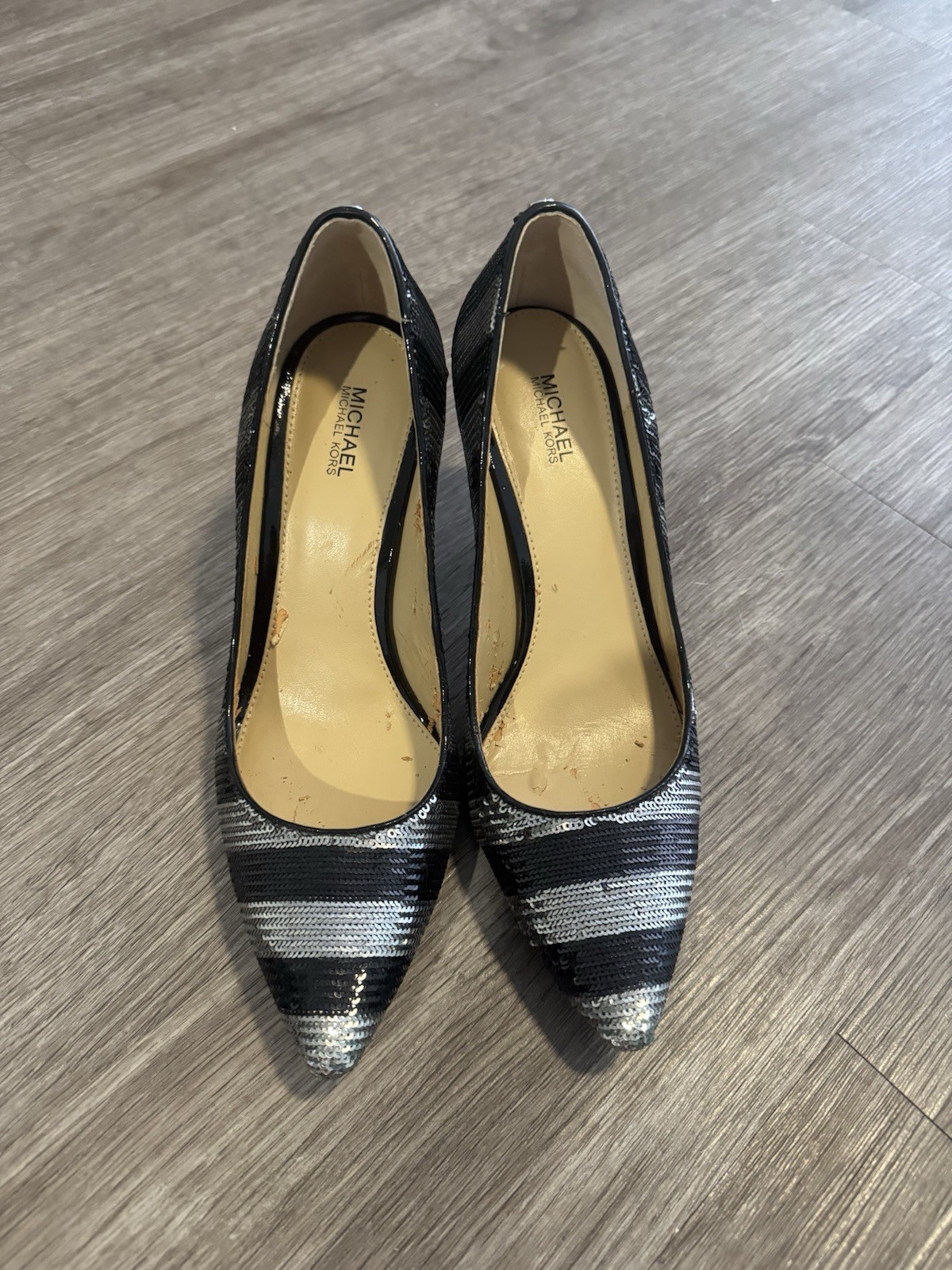 Michael Kors Women’s Leather Pump Heel Black/Silver Striped Sequin 8