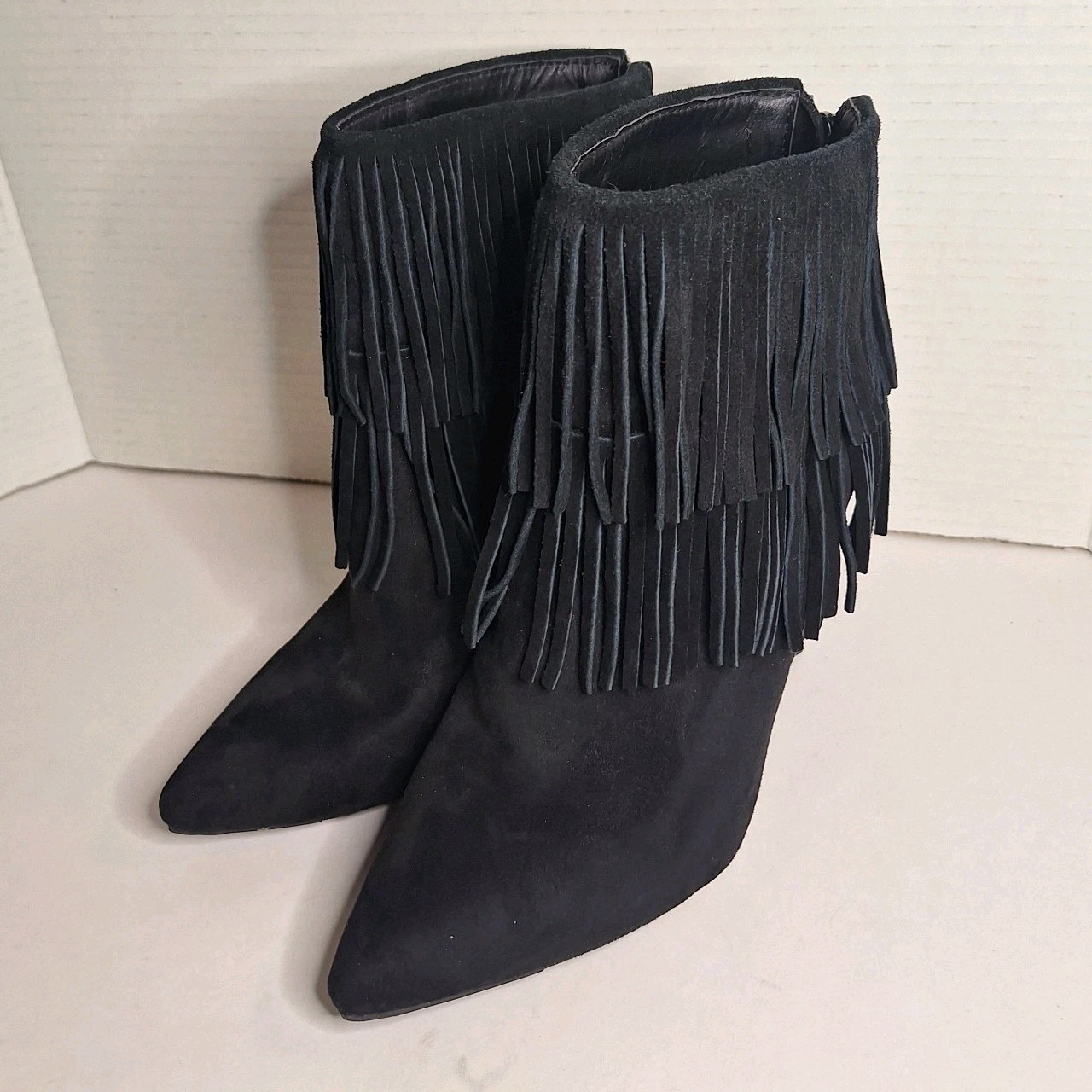 Just fab Ameelia Fringe Ankle Boots Black Size 10 Faux Suede Heel Zip Booties