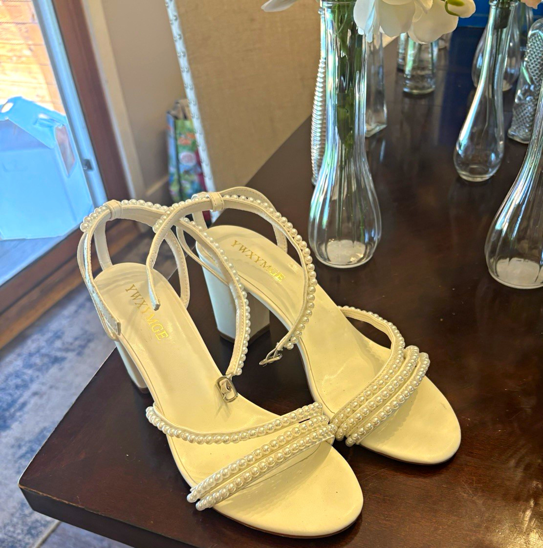 YAYNIGE Ivory Satin Pearl Beaded Ankle Strap Open Toe Buckle Heels 8.5