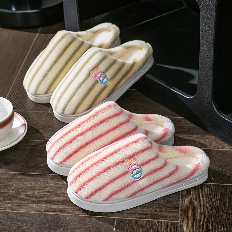 Ins Plush Striped Slippers Winter Warm Letter Embroidered Shoes Fashion Floor Be