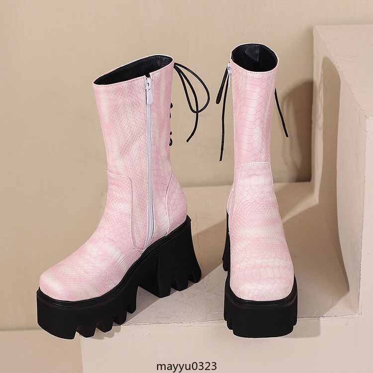 Womens Platform High Block Heel Zip Square Toe Casual Ankle Boots Shoes Biker