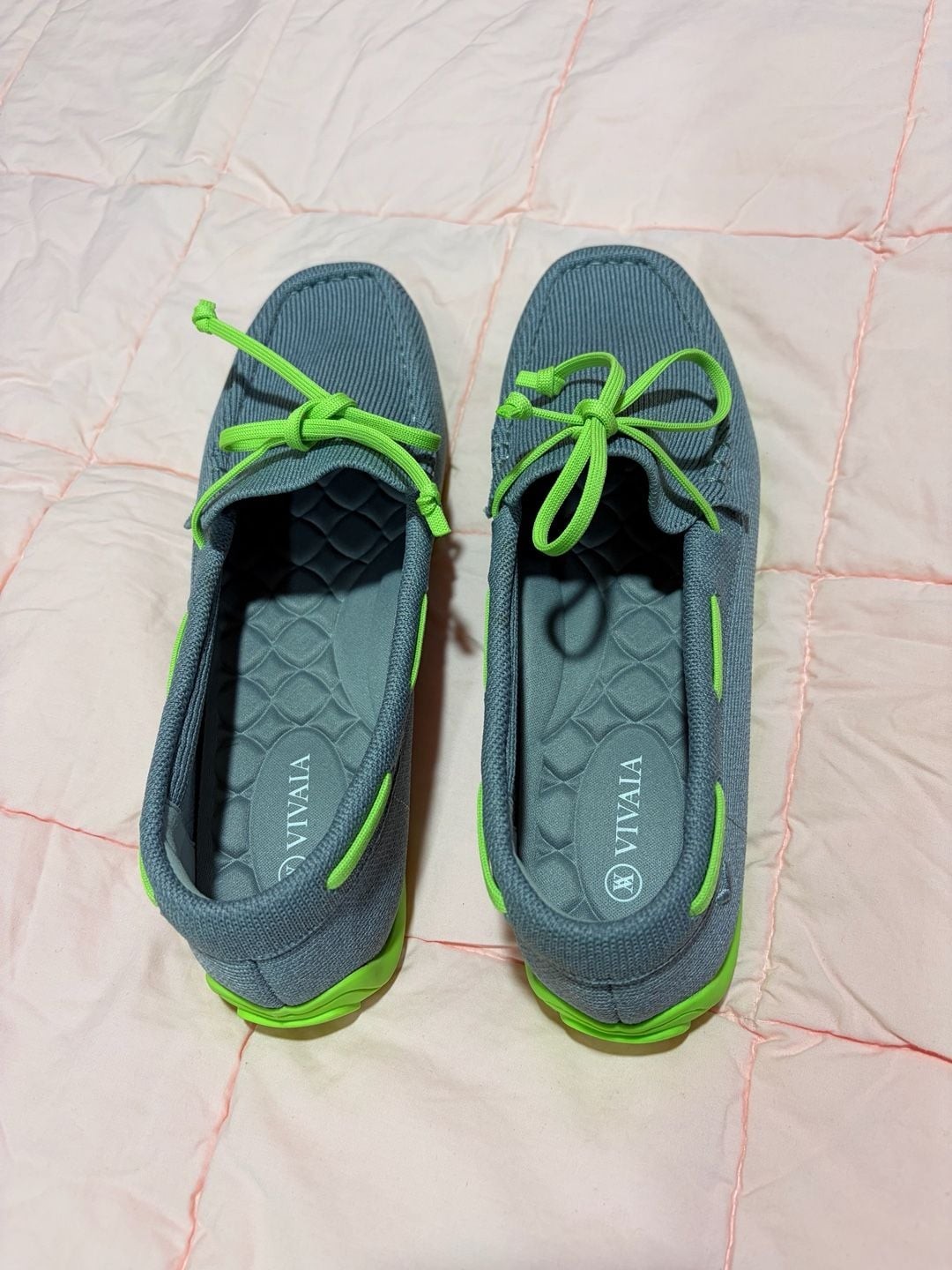 VIVAIA Knit Moccasin Loafers in Gray and Neon Green