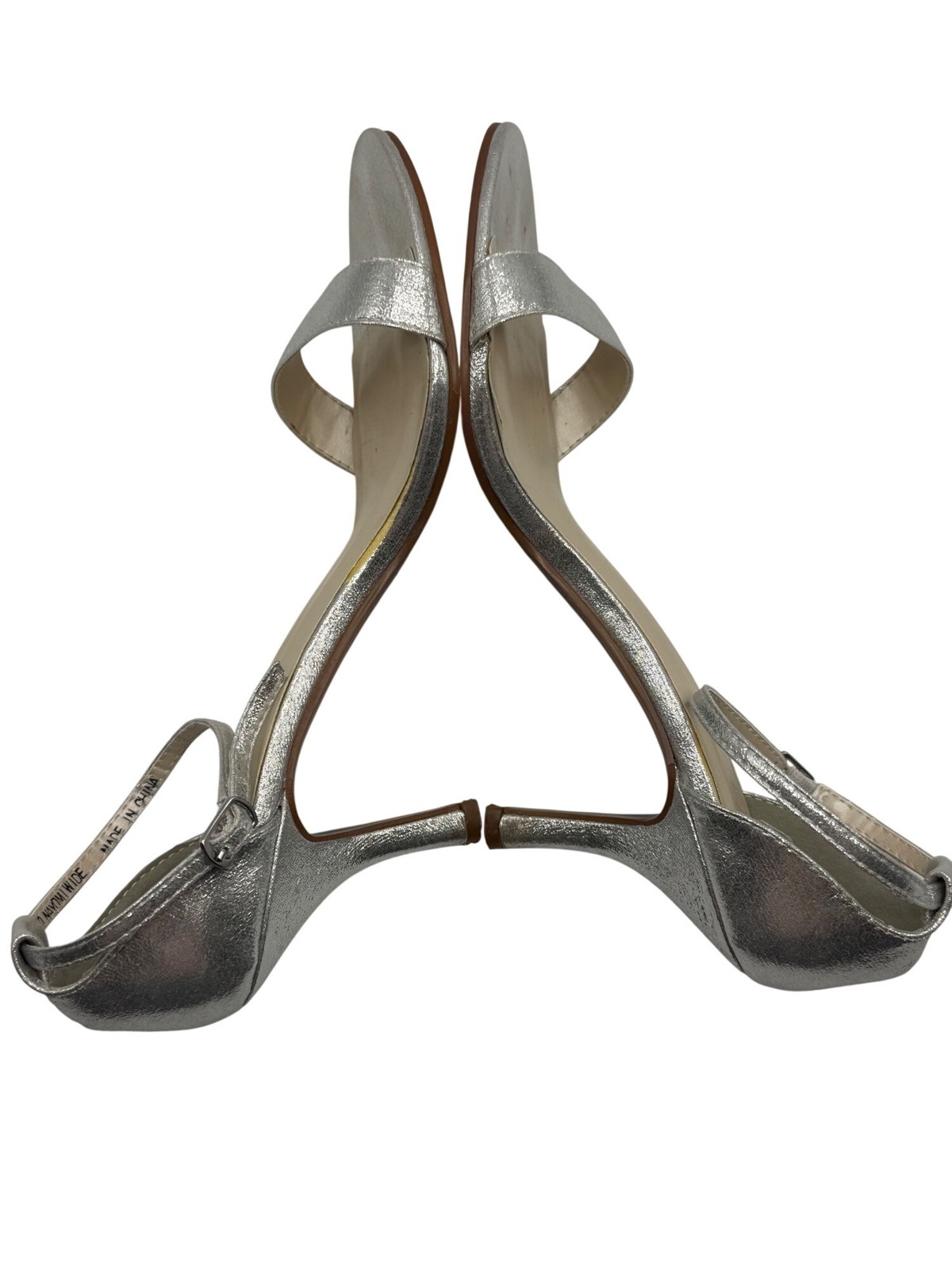 David’s Bridal Nayomi Silver Open-Toe Heels Size 9W Ankle Strap 3″ Stiletto