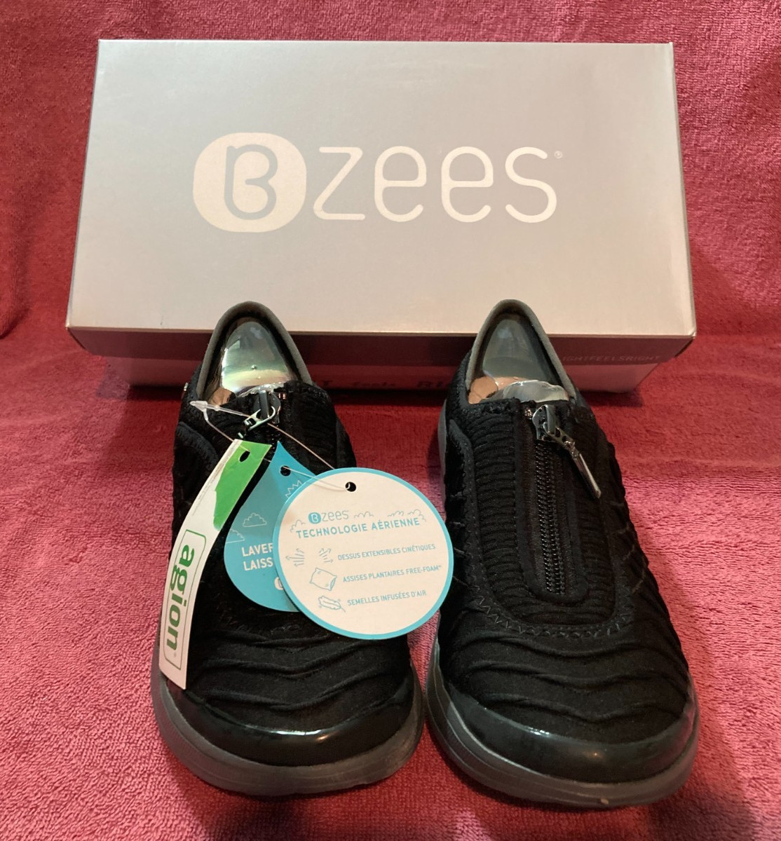 NEW: BZEES – Black, Fancy Front zip Slip-on Shoes Women’s size 5.5 w/ Box & Tags