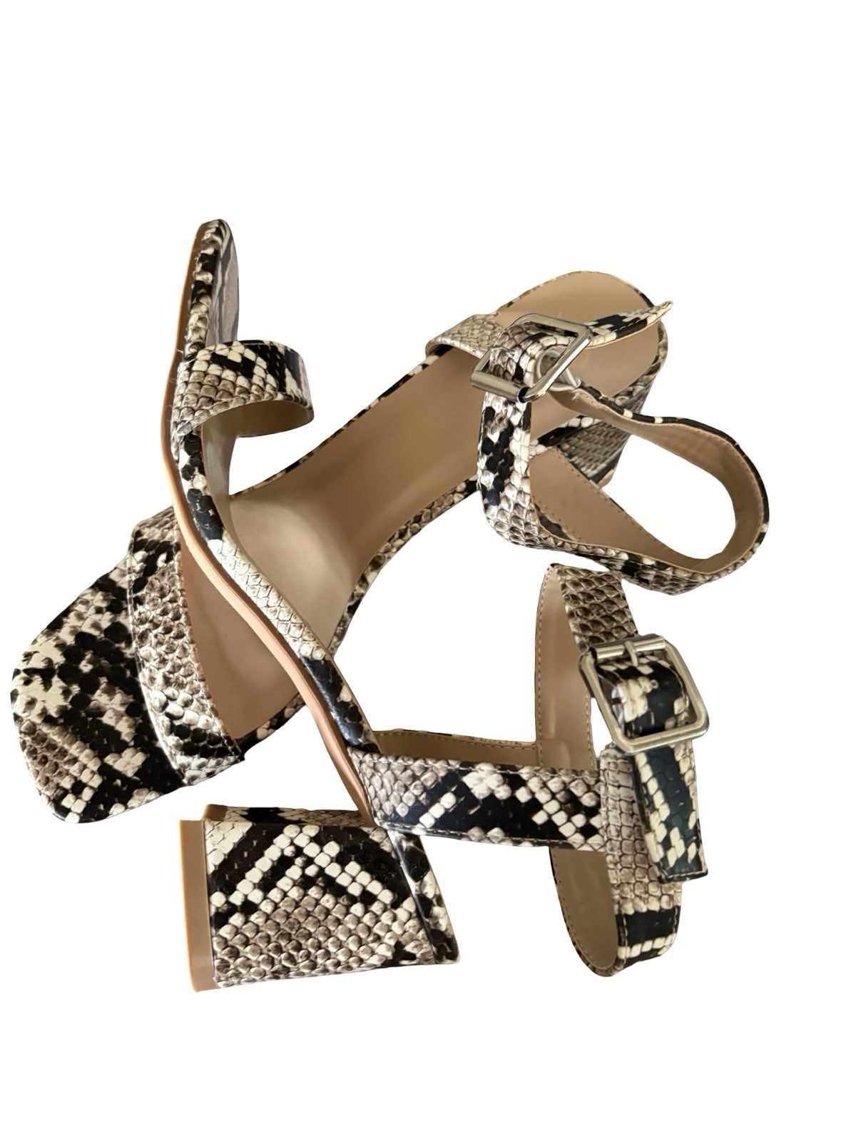 Women’s Snake Print Strappy Block Heel Sandals, Square Toe, Ankle Buckle size 10