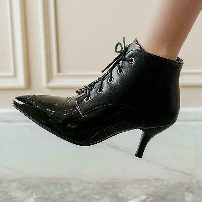Splicing Women’s Faux Leather Ankle Boots Lace Up Shoes Kitten Heel Pointy Toe
