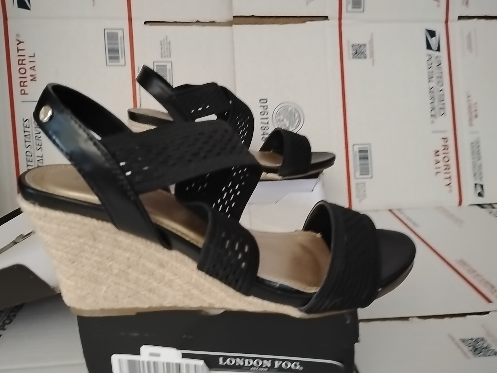 “London Fog” size 10 M , Woven Textile Sandals Pickwick BLACK Wedge Heel #00t
