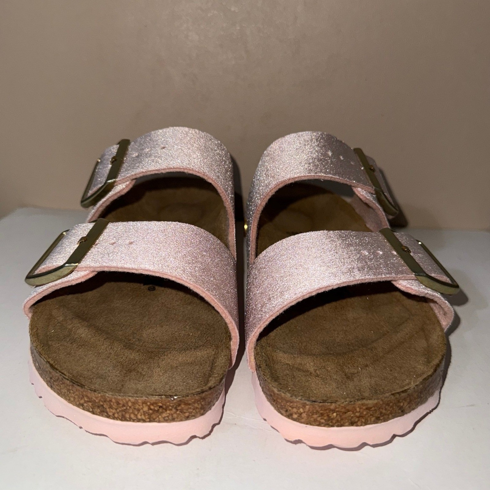 Birkenstock Arizona Rivet Logo Light Rose Pink Velvet Shimmer Sandals 37 Narrow