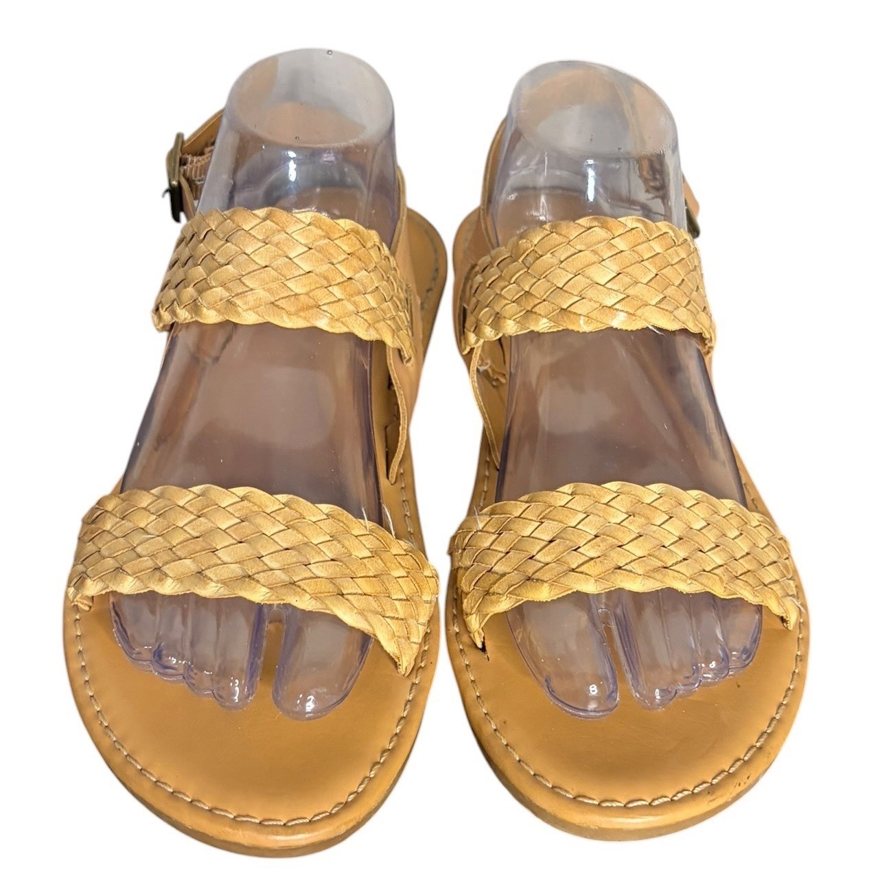 Korks Tan Flat Sandals Woven Straps Buckle Ankle Women’s Size 10