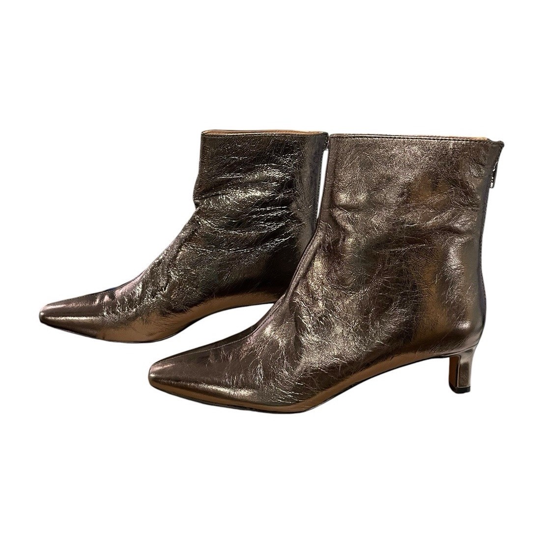 Madewell Dimes Kitten-Heel Boots in crinkle metallic with a silver tone.