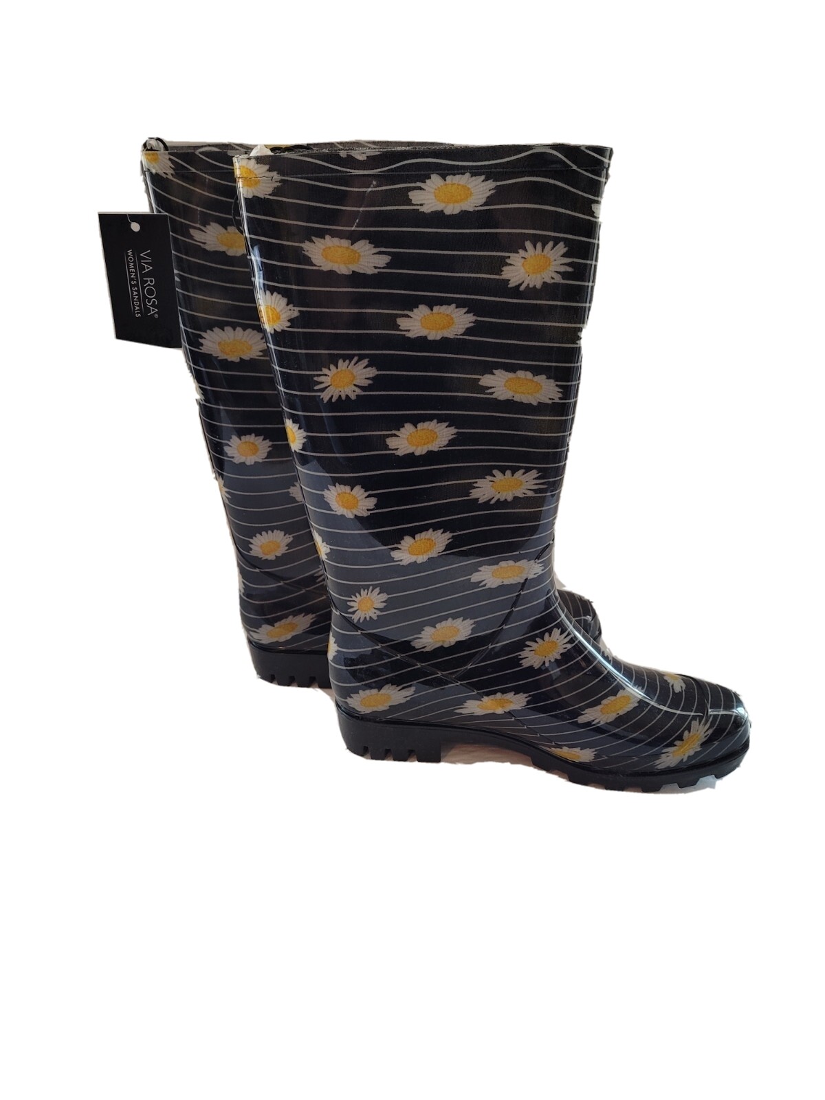 NWT Via Rosa Women’s Black Daisy Striped Rain Boots- Size 7