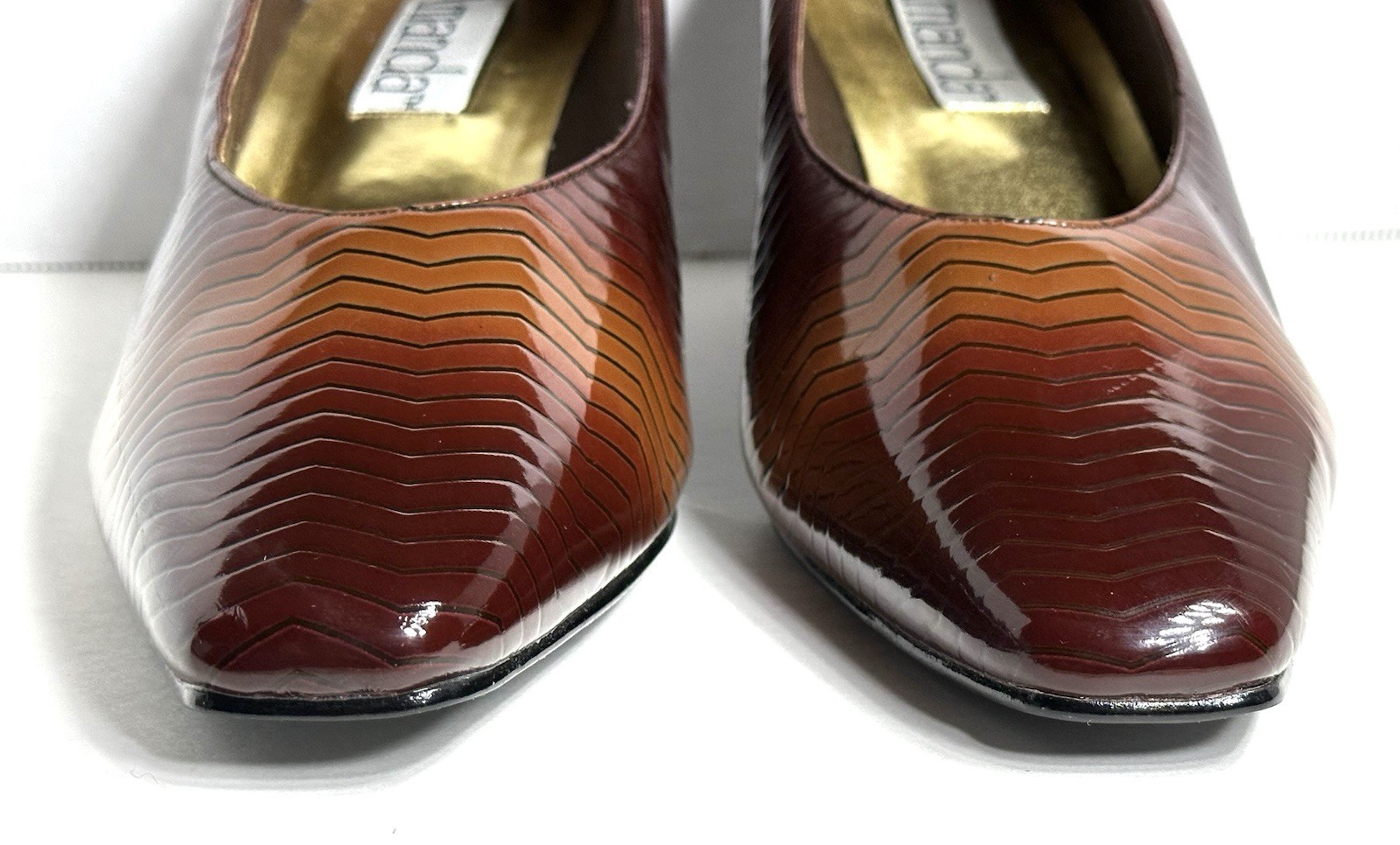 Vintage Tortoiseshell Heels Brown Patent Leather Chevron AMANDA Size 11 US NEW!!