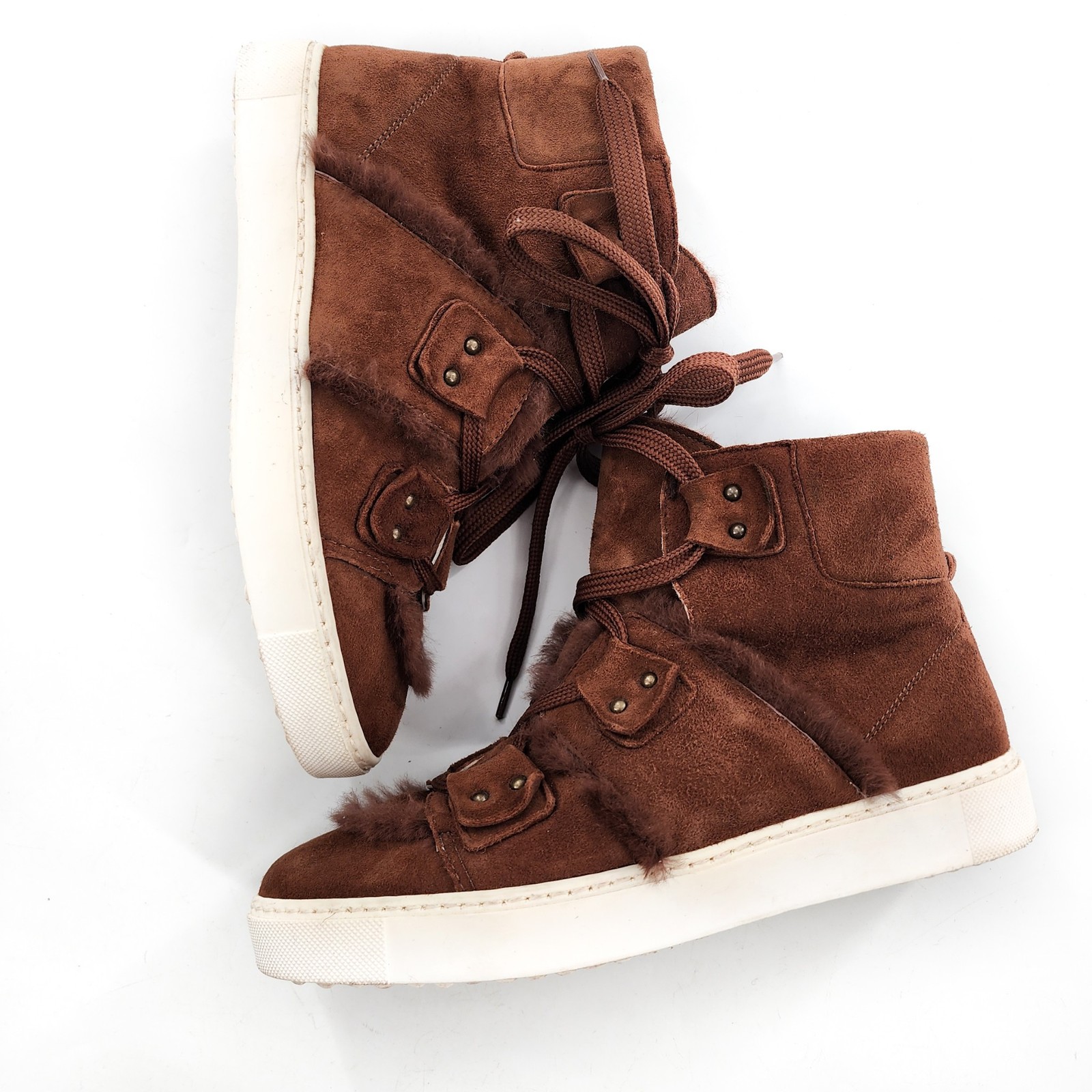 NAVYBOOT SWITZERLAND Brown Suede Lace Up High Top Sneakers Real Fur Size 37 6.5