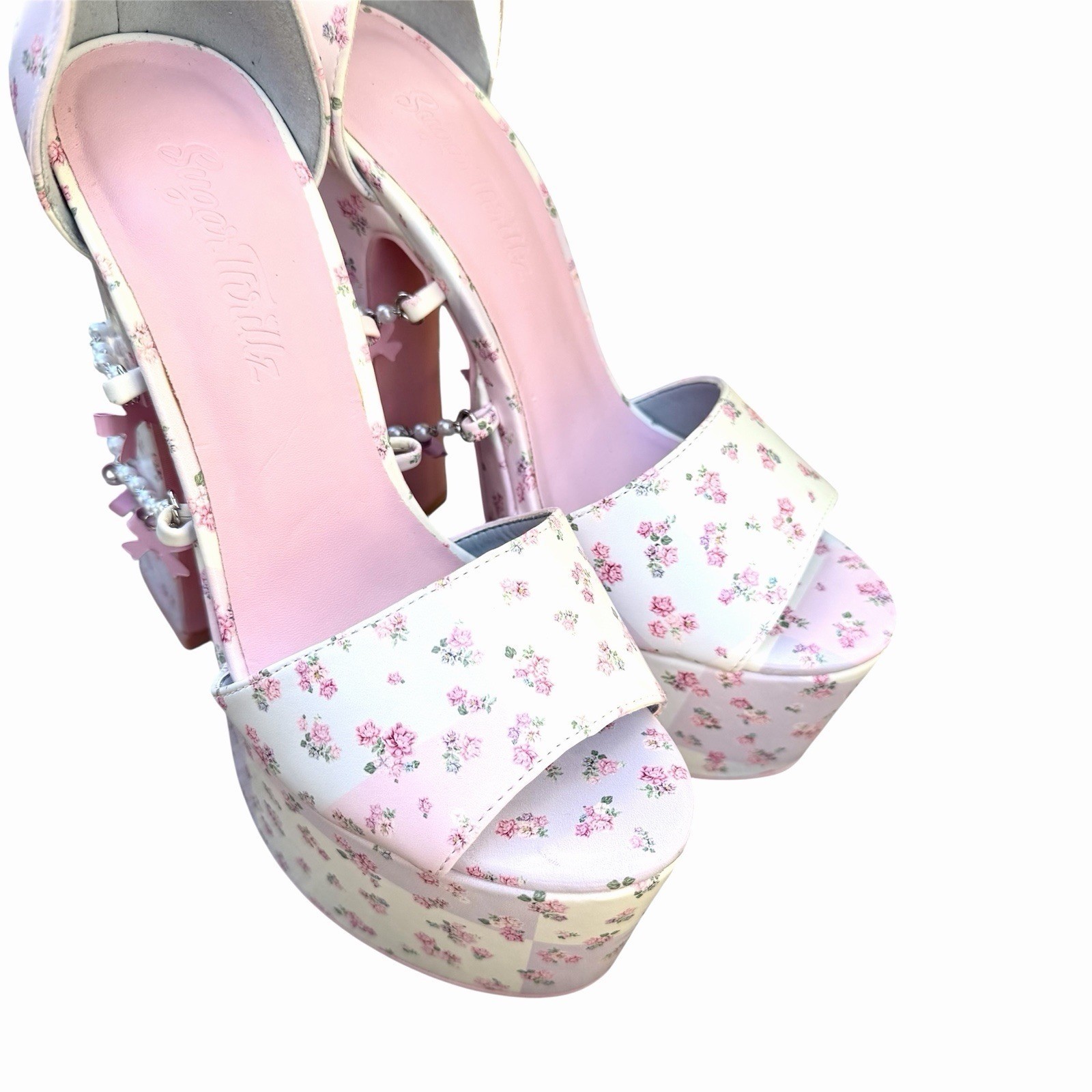 Dolls kill sugar thrillz patchwork pink floral revelation platform heels Size 6