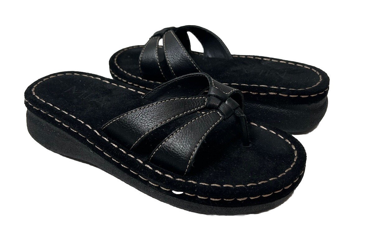 NOS VTG Y2K Streetwear Black Leather Criss Cross Platform Sandals Womens 5.5