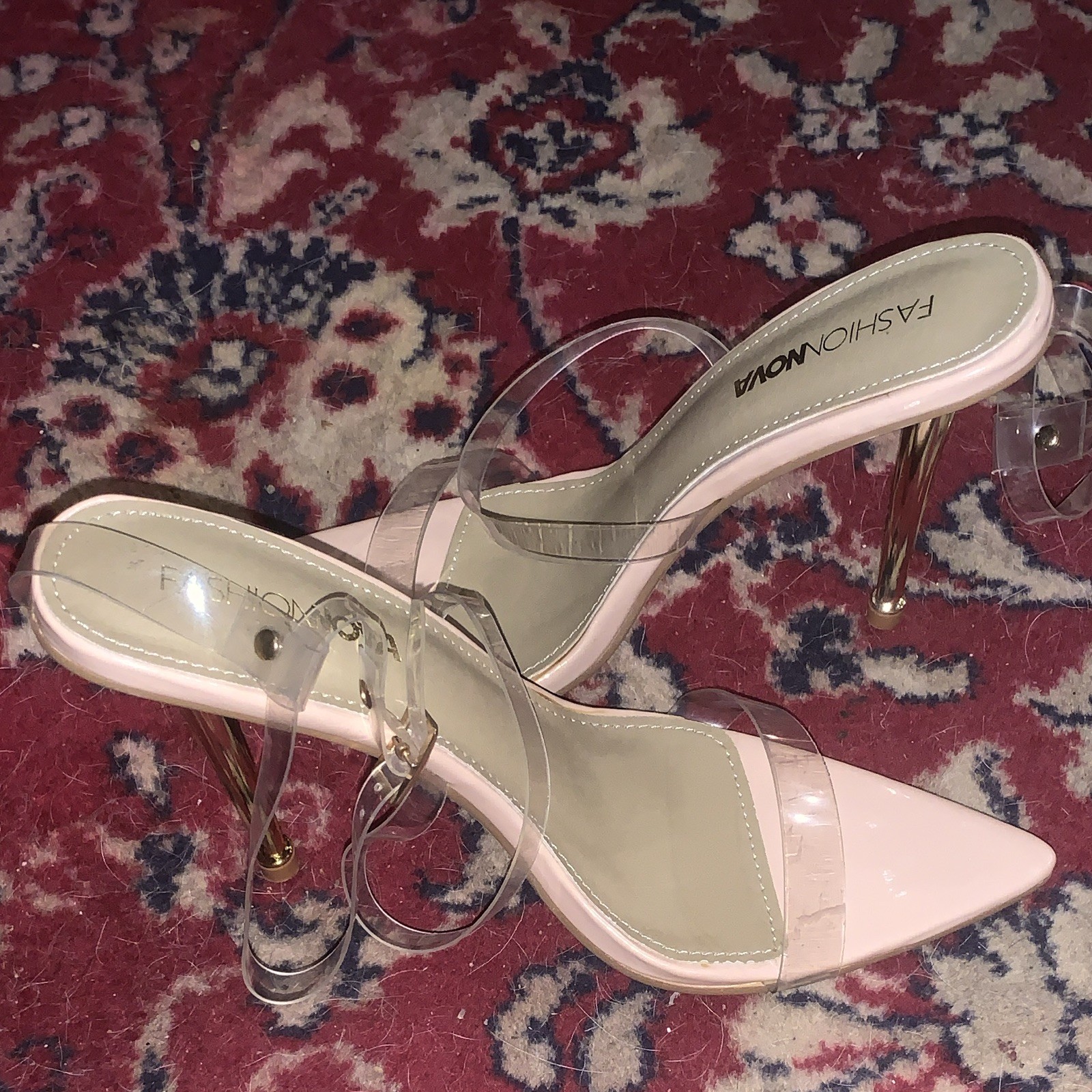Fashion Nova Nude/Clear Strappy Stiletto Heels Pointed Toe Buckle 8.5