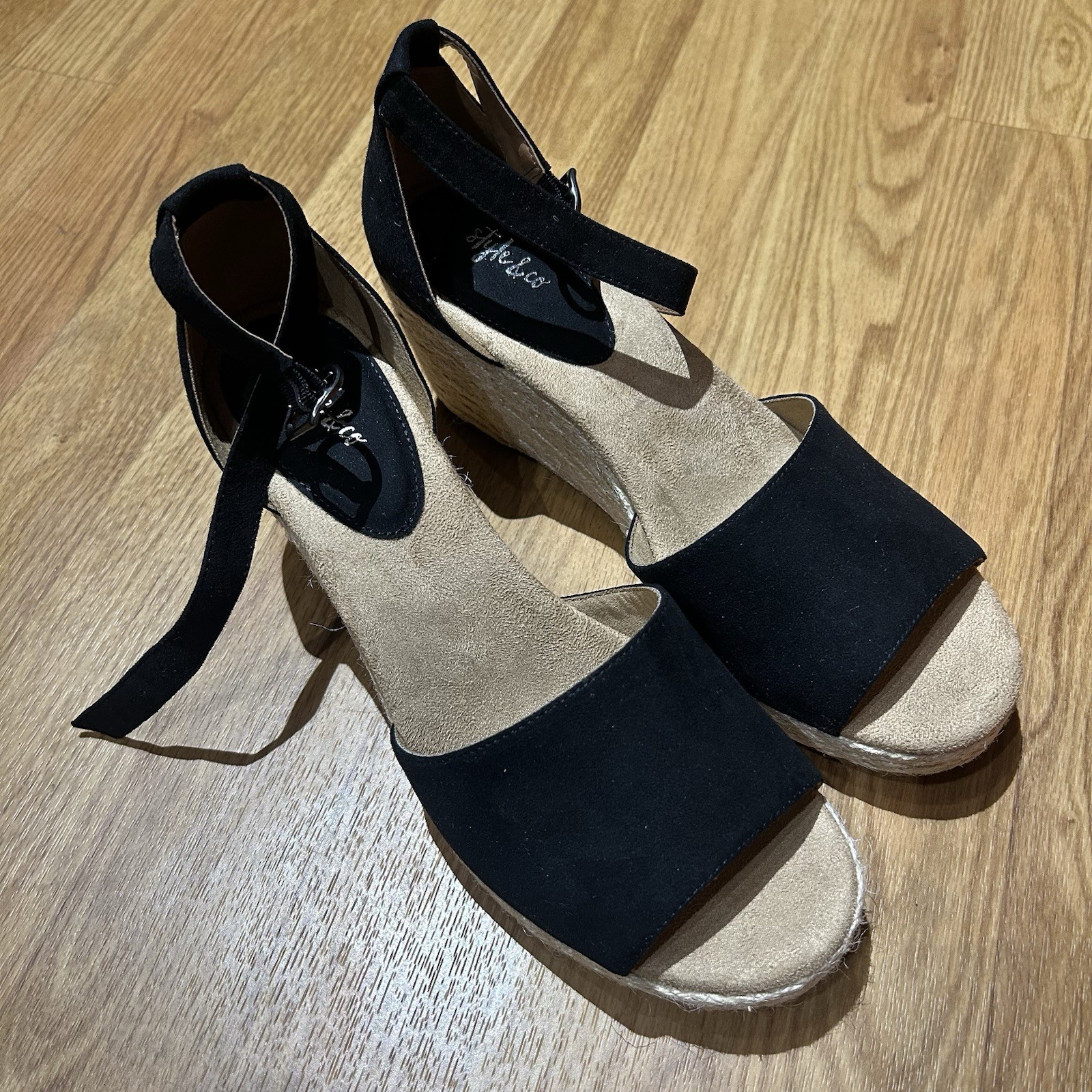 Style & Co. Women’s US 11 Black Leather Espadrille Wedge Ankle Strap Sandals