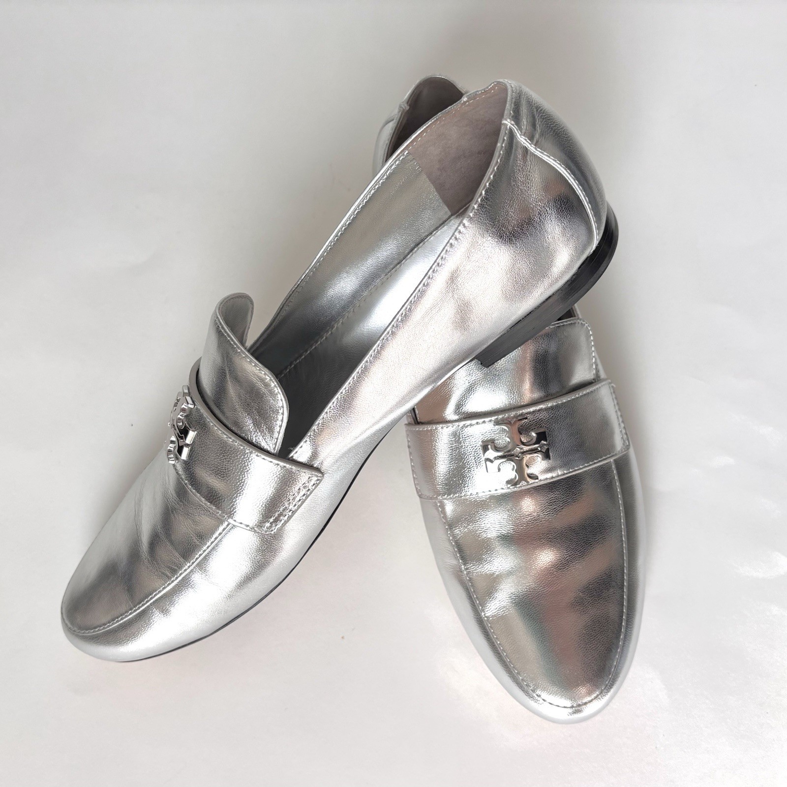 Tory Burch Eleanor Leather Loafer Silver Sz 8.5 New