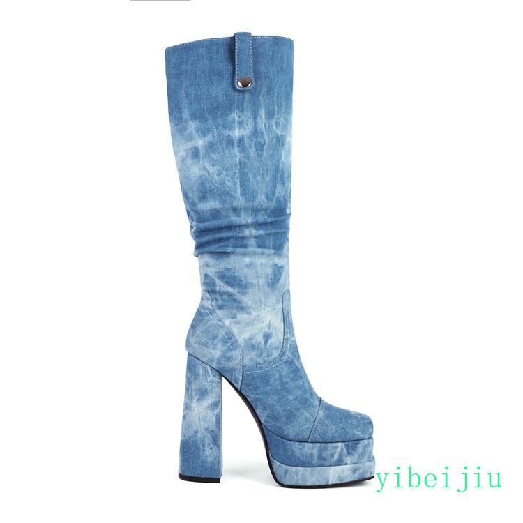 Women’s Lady Gothic Knee High Denim Jeans Boots Platform Shoes Zipper Clubwear 8