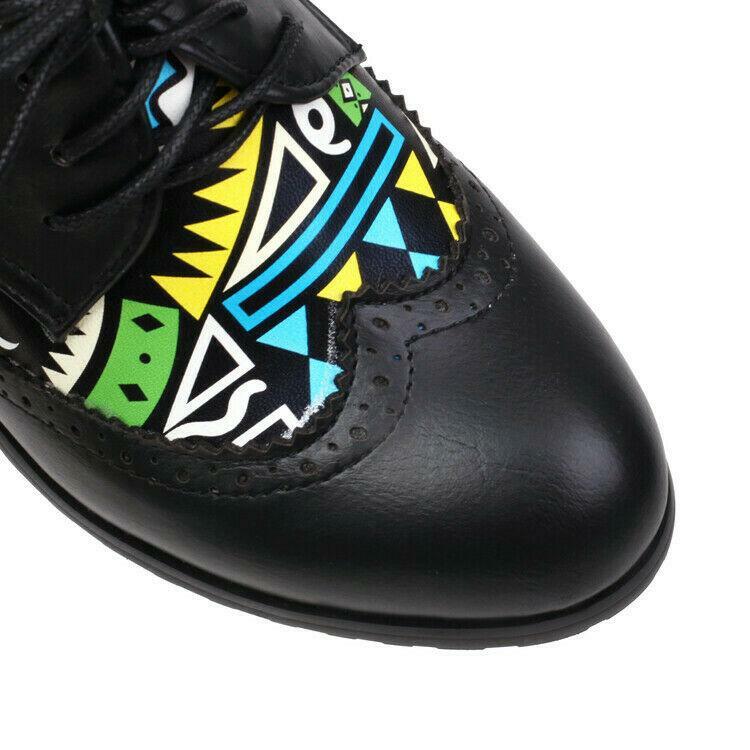Splicing Women’s Faux Leather Block Heels Shoes Round Toe Lace Up Retro Fashion