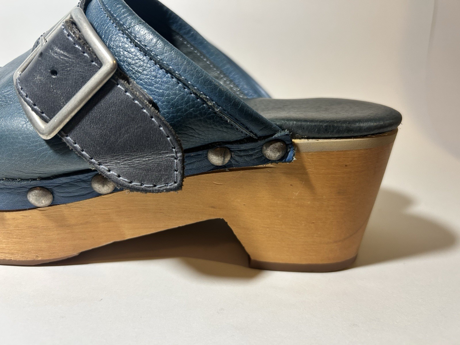 Free People Culver City Clogs Teal Blue Leather Wood Platform Buckle Studded 9