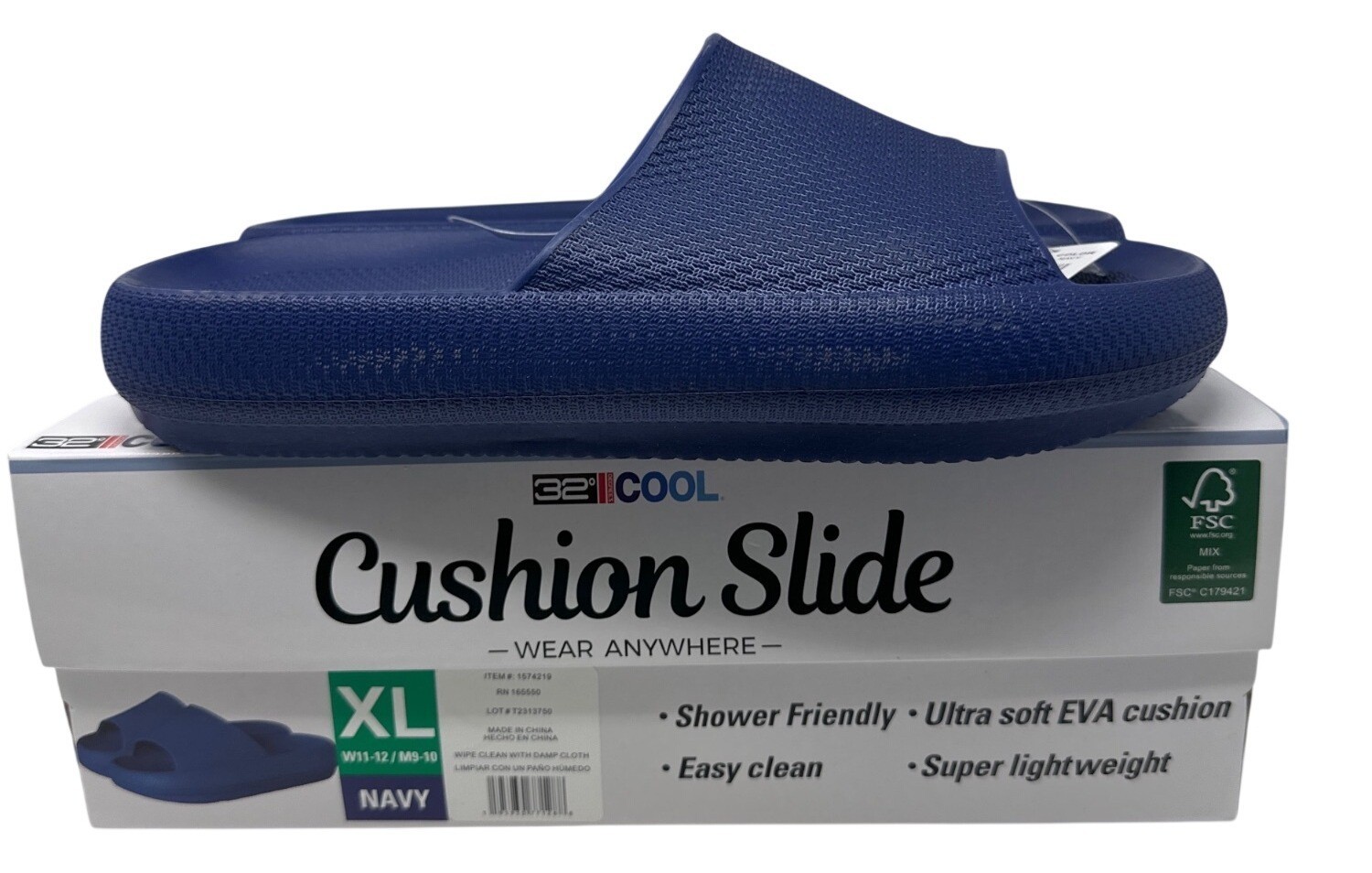 32 Degrees Cool Navy Cushion Slide Sandals Size XL W11-12 M9-10 Ultra Soft EVA