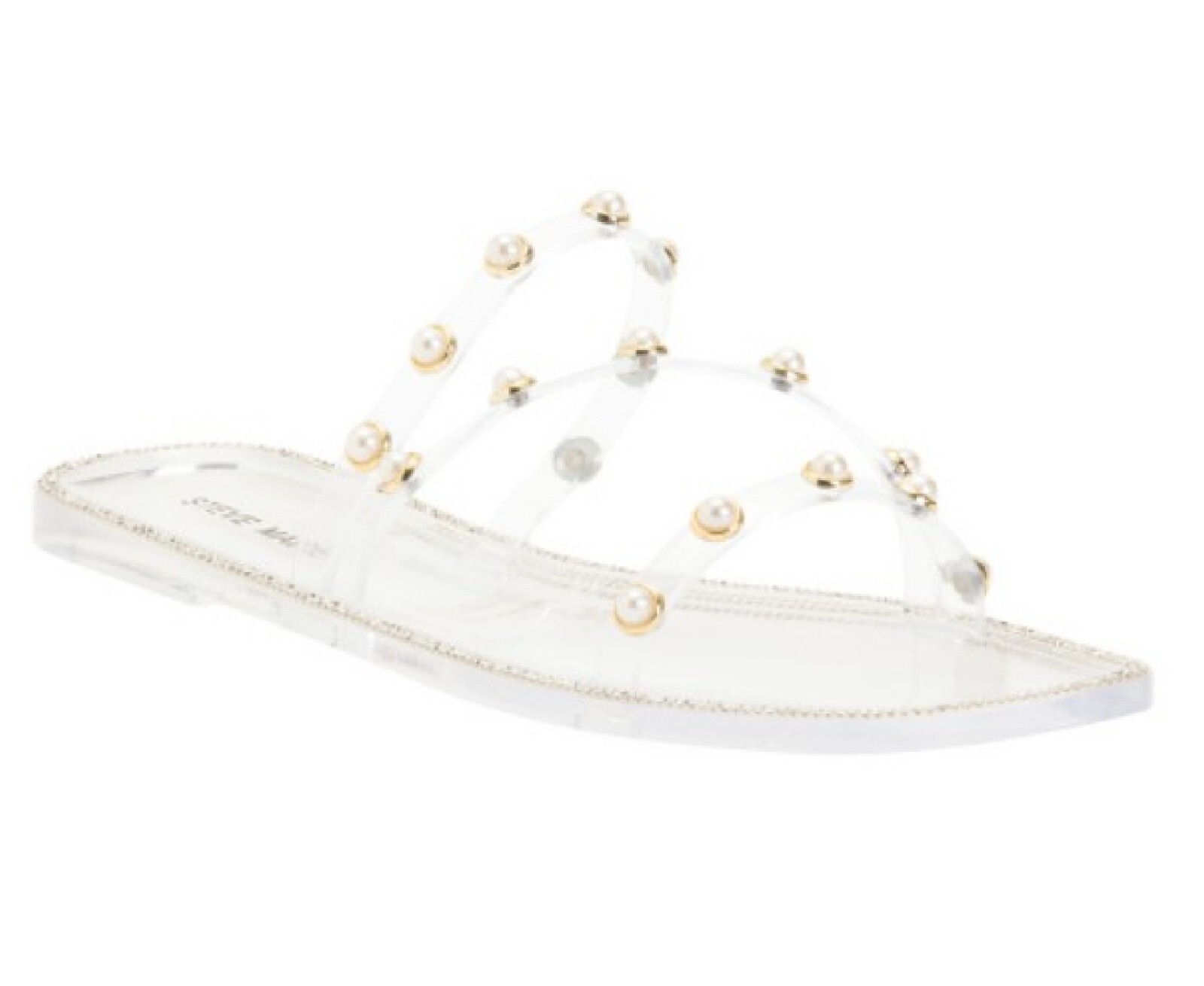 Steve Madden Studded Pearl Flat Sandals, Slip-On 3-Band, NONII Clear & Gold