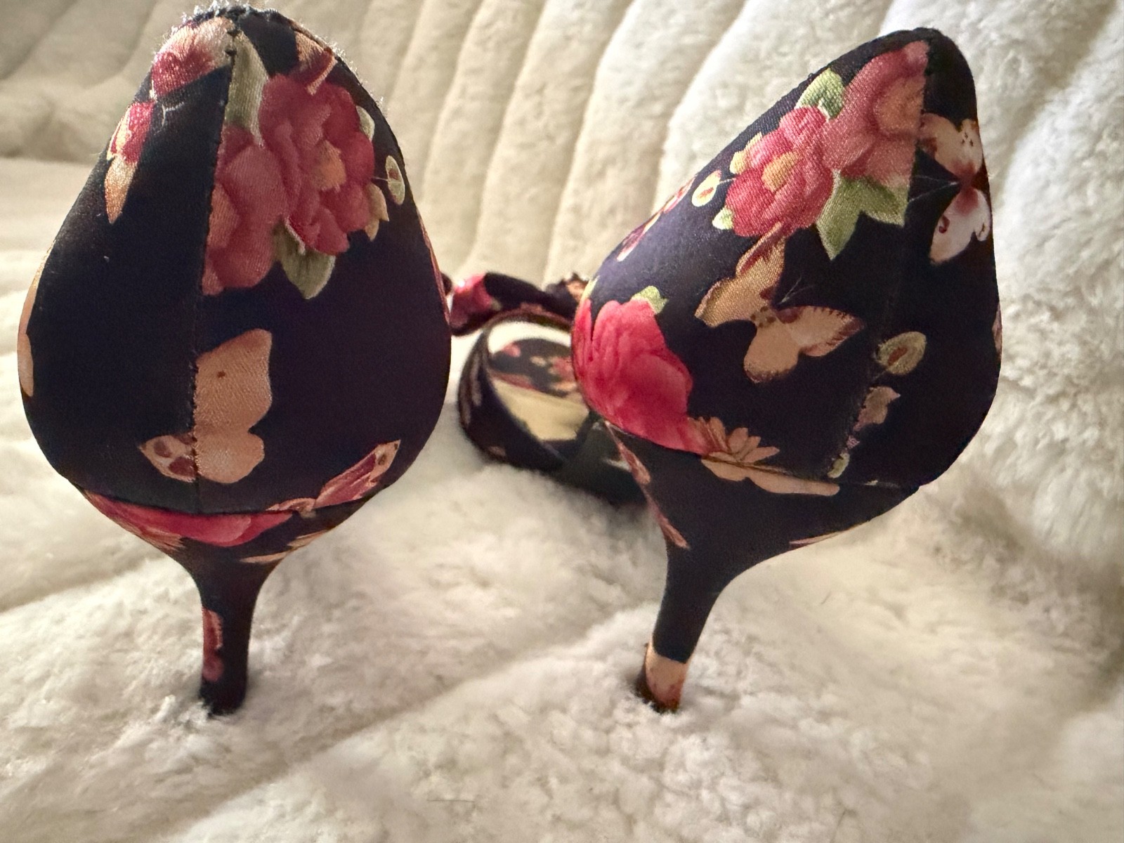 NINA SIZE 9 Floral Multicolor Satin Covered Heel Open Toe Rhinestone Bow D’Orsay