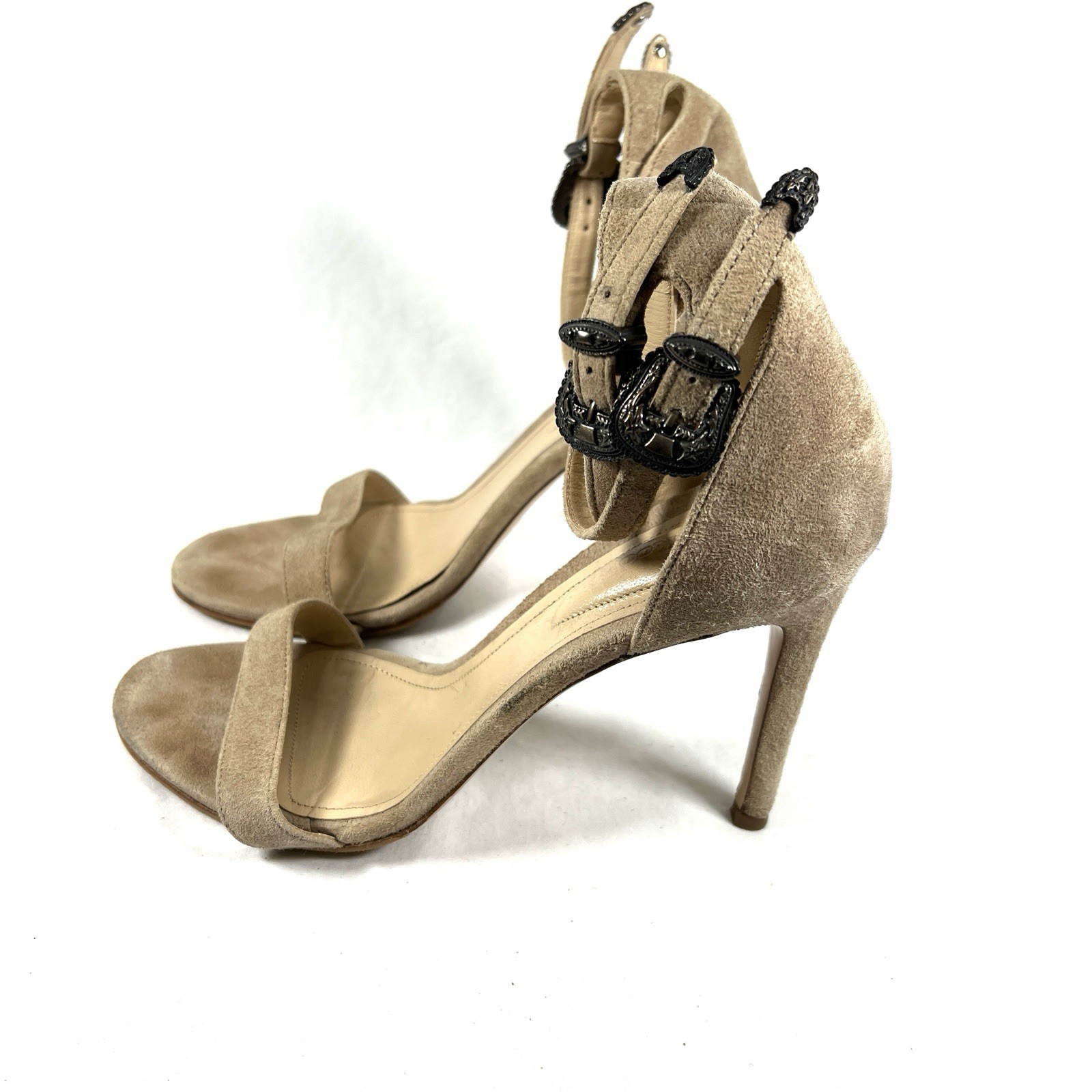 The Kooples Suede Western Ankle Strap Heels Buckle Sandals Nude Stiletto Sz.7.5