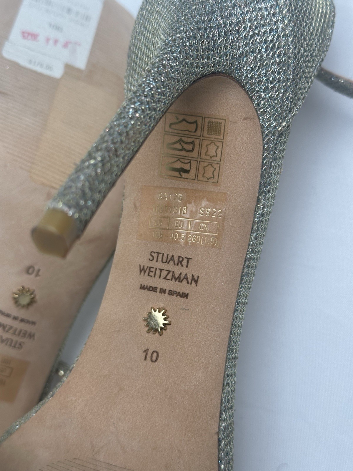 Stuart Weitzman Women’s Silver Glitter Strappy Ankle Strap Square Toe Heels 10B