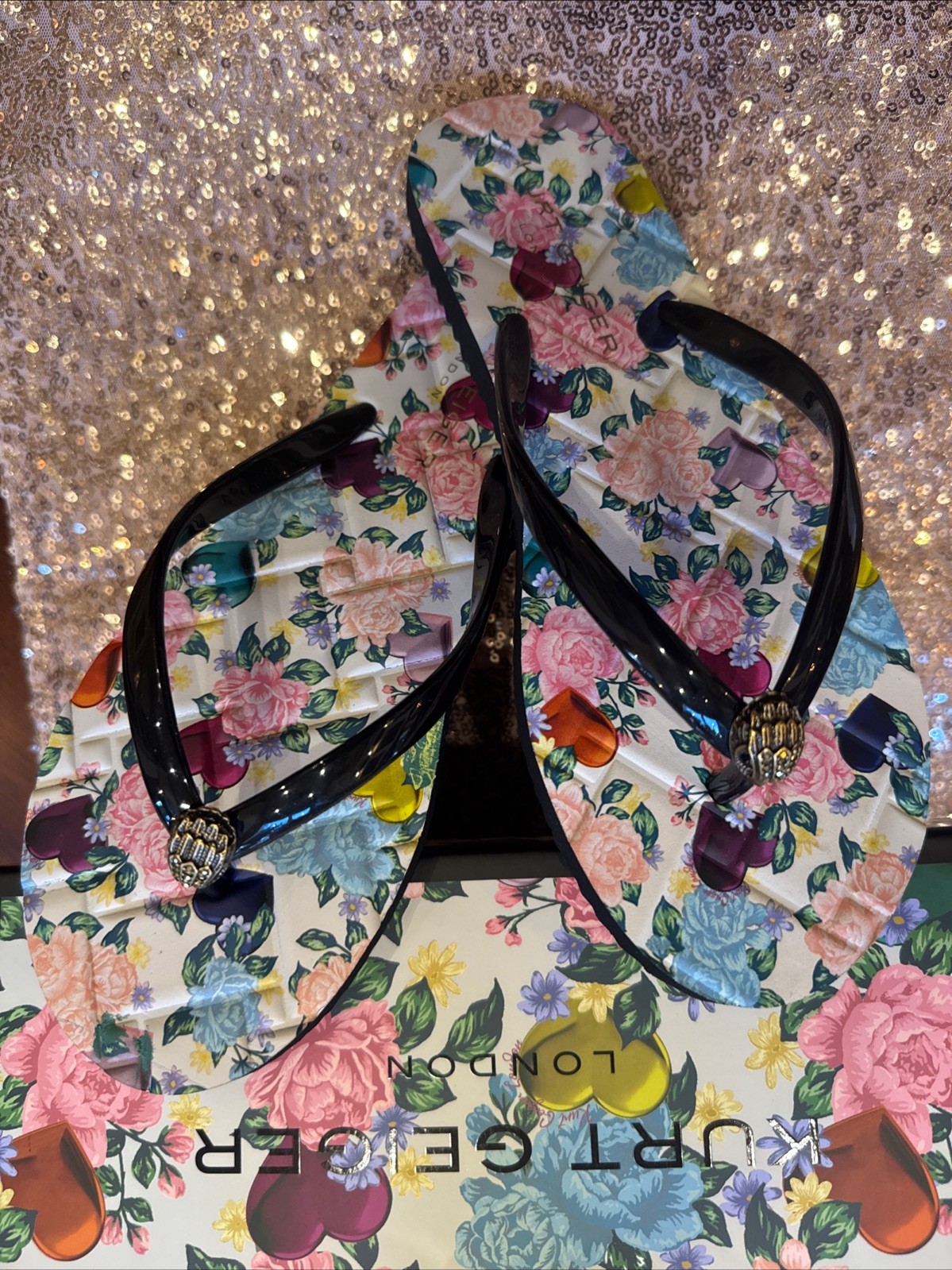 Kurt Geiger London Kensington Floral Flip Flops Sandals Women Size 8 Roses