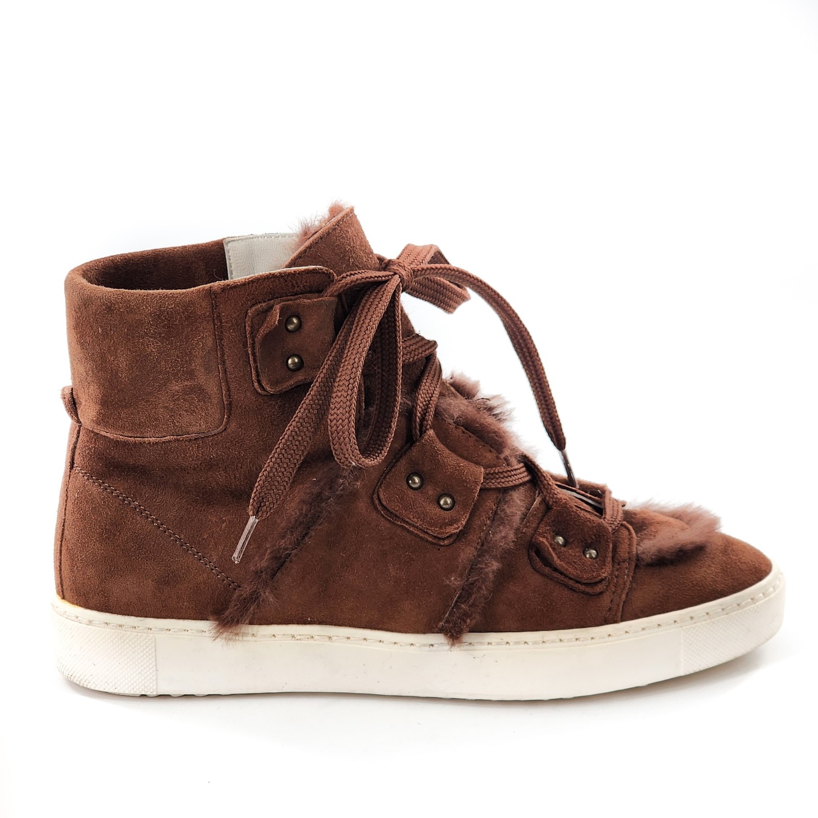 NAVYBOOT SWITZERLAND Brown Suede Lace Up High Top Sneakers Real Fur Size 37 6.5