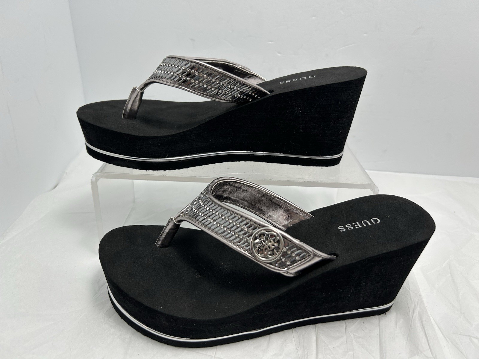 GUESS Sarraly Eva Logo Rhinestone Wedge Sandals Size 7 M Silver New #Y